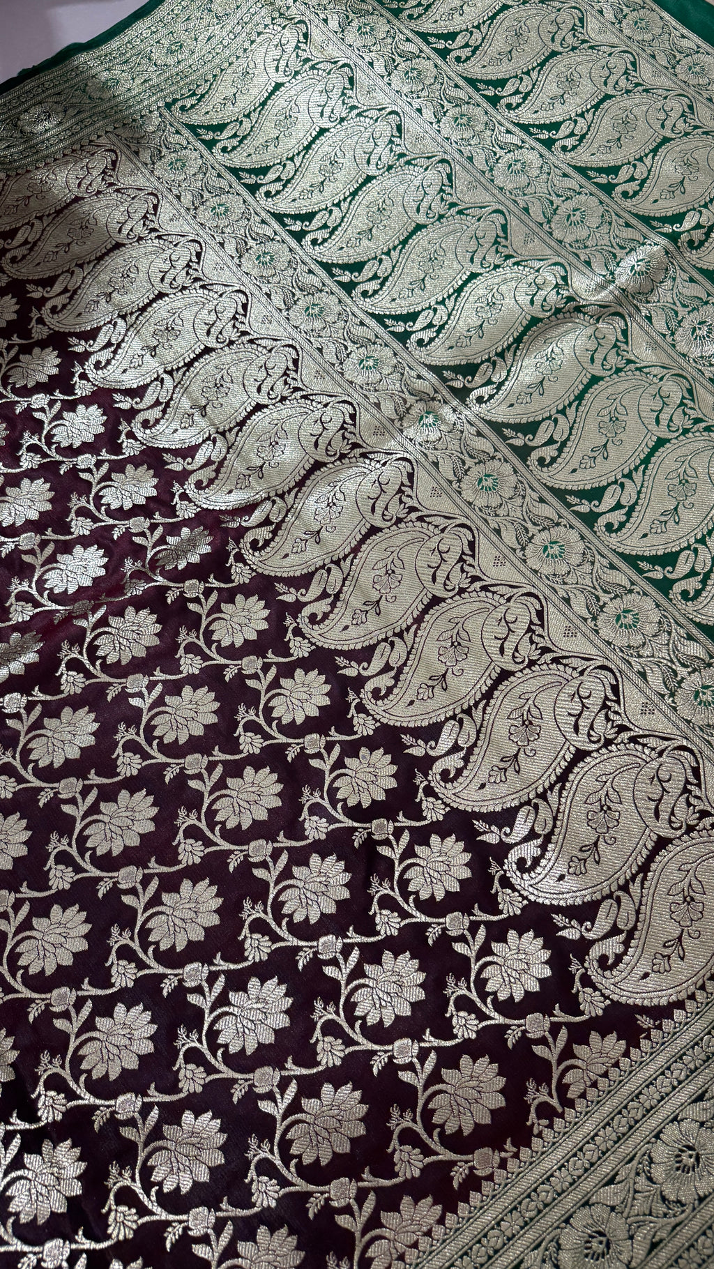 Wine Green Banarasi Silk Saree | Golden Floral Woven Traditional Indian Saree