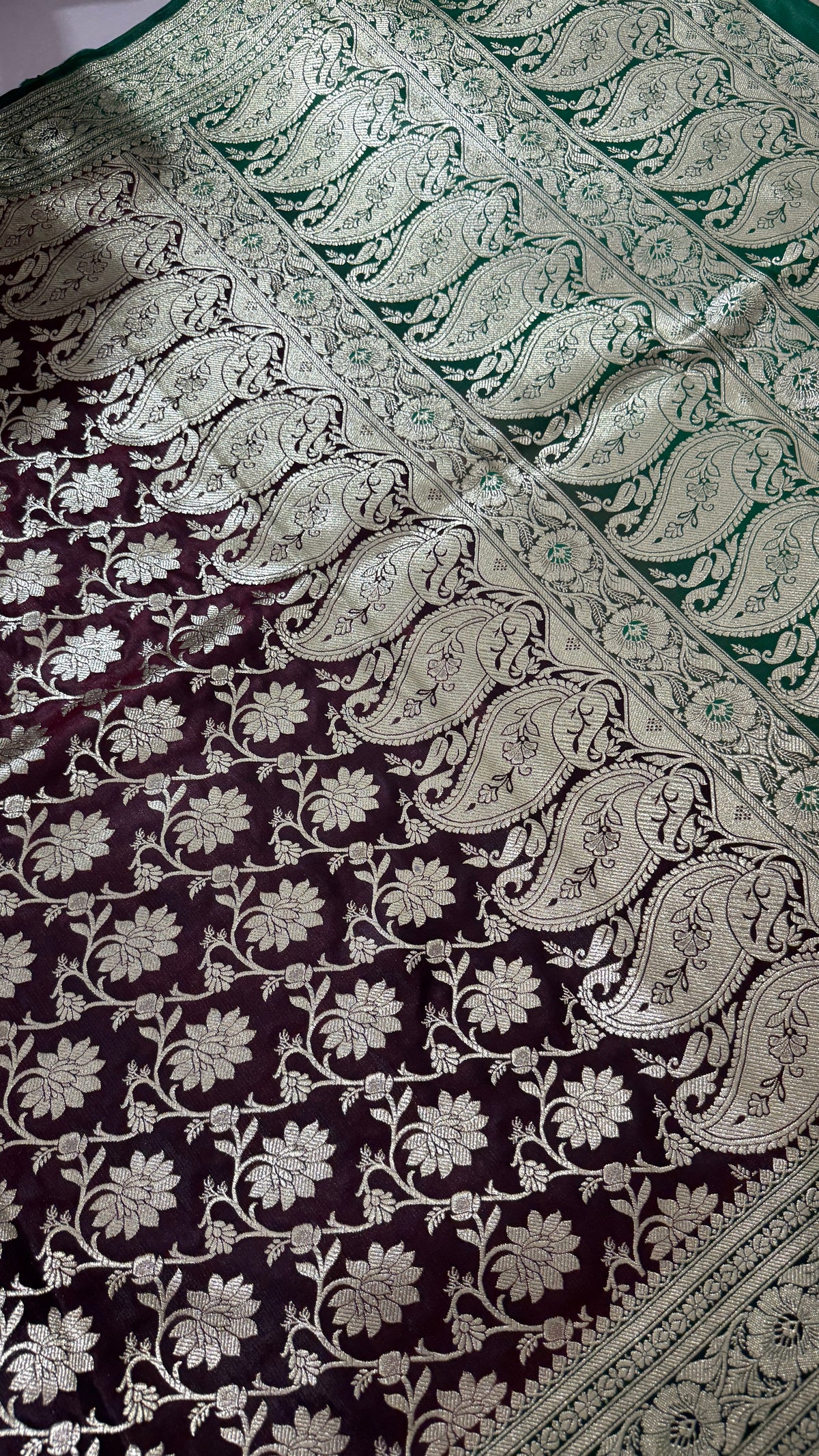 Wine Green Banarasi Silk Saree | Golden Floral Woven Traditional Indian Saree