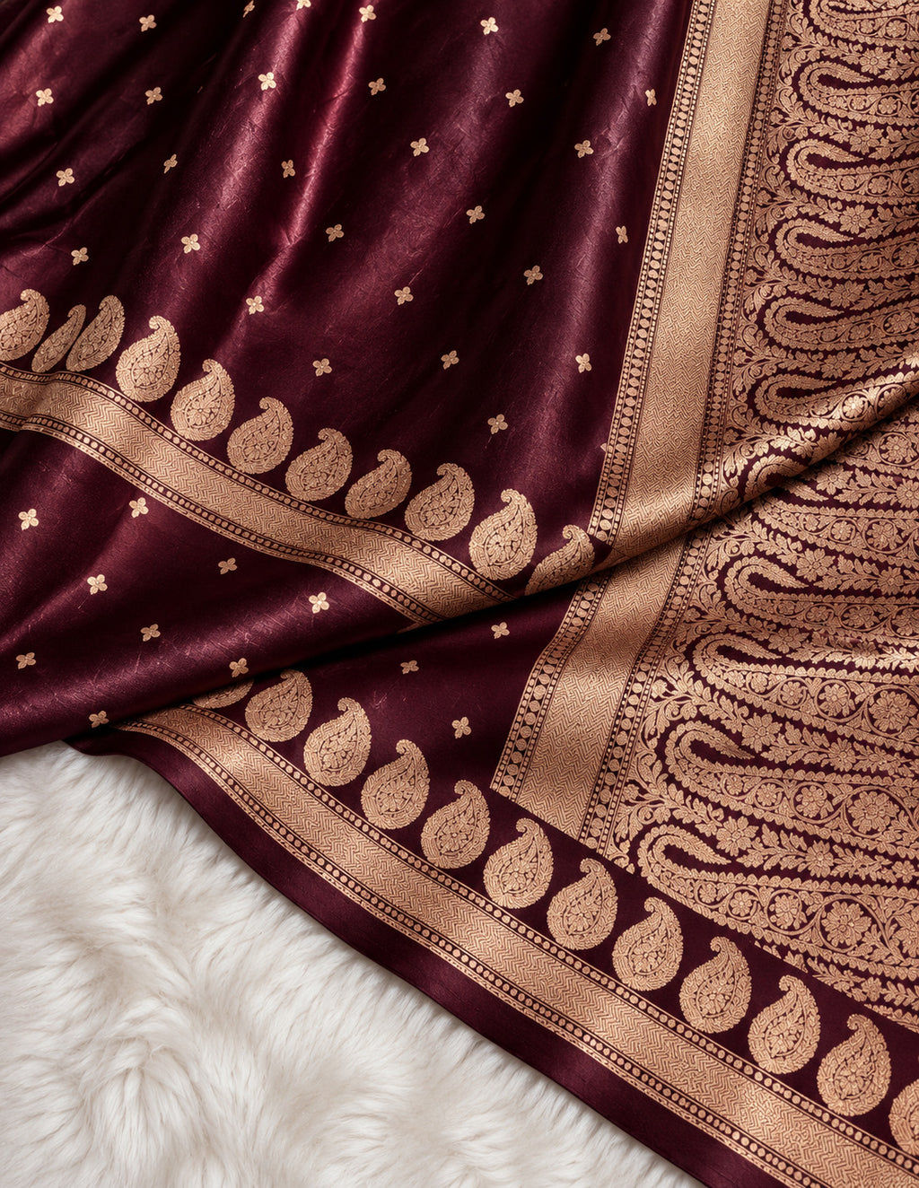 Burgundy Banarasi Mashru Silk Saree, Gold Zari Woven, Traditional Indian Wedding Saree