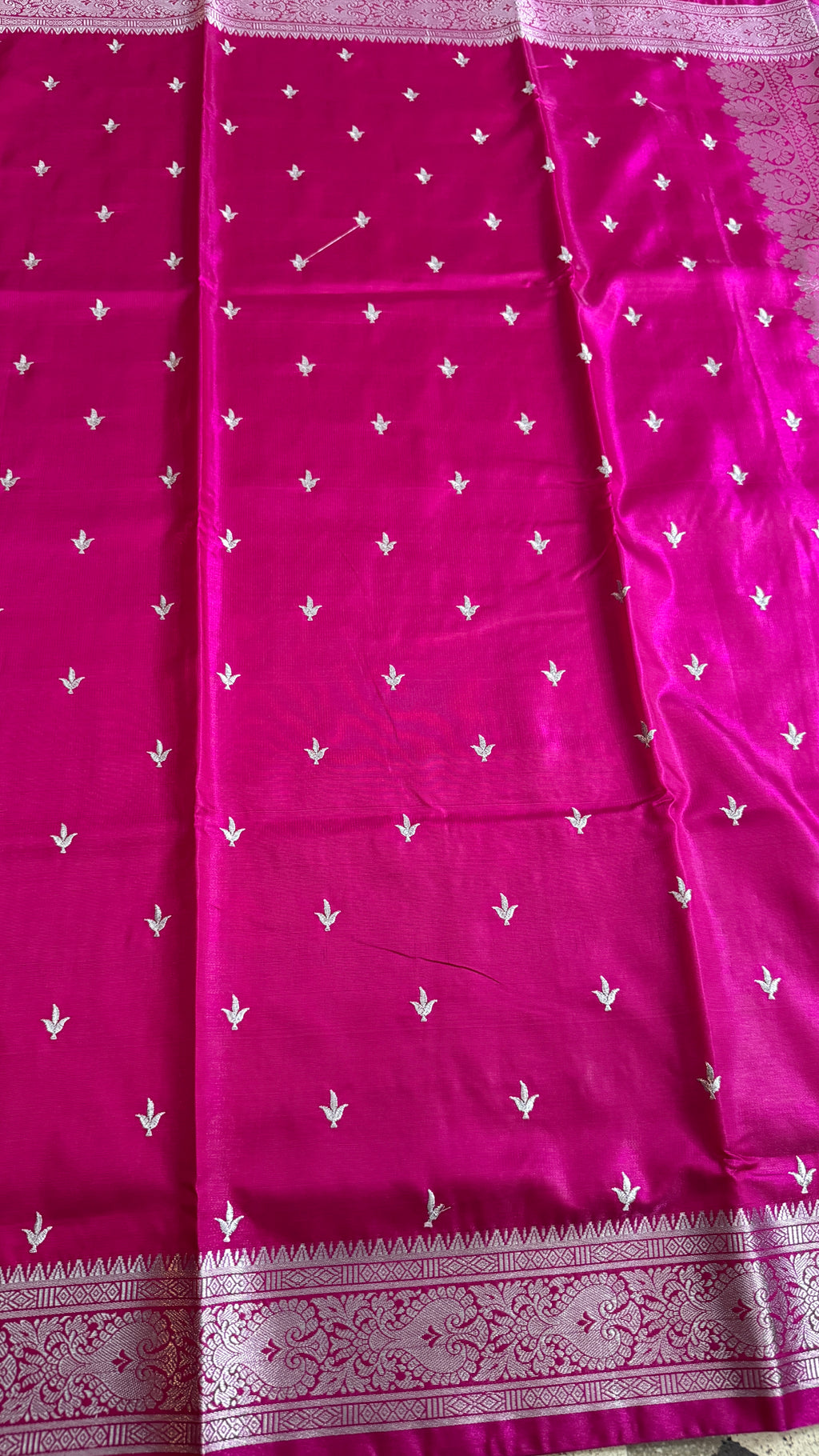 Rani Pink Satin Silk Saree, Silver Zari Border, Floral Motifs, Wedding Wear
