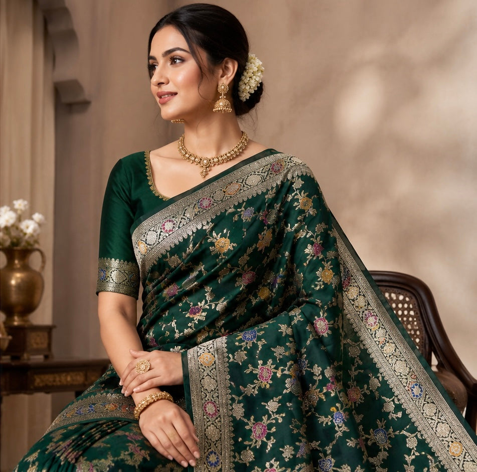 Dark Green Georgette Silk Saree with Floral Zari Weaving