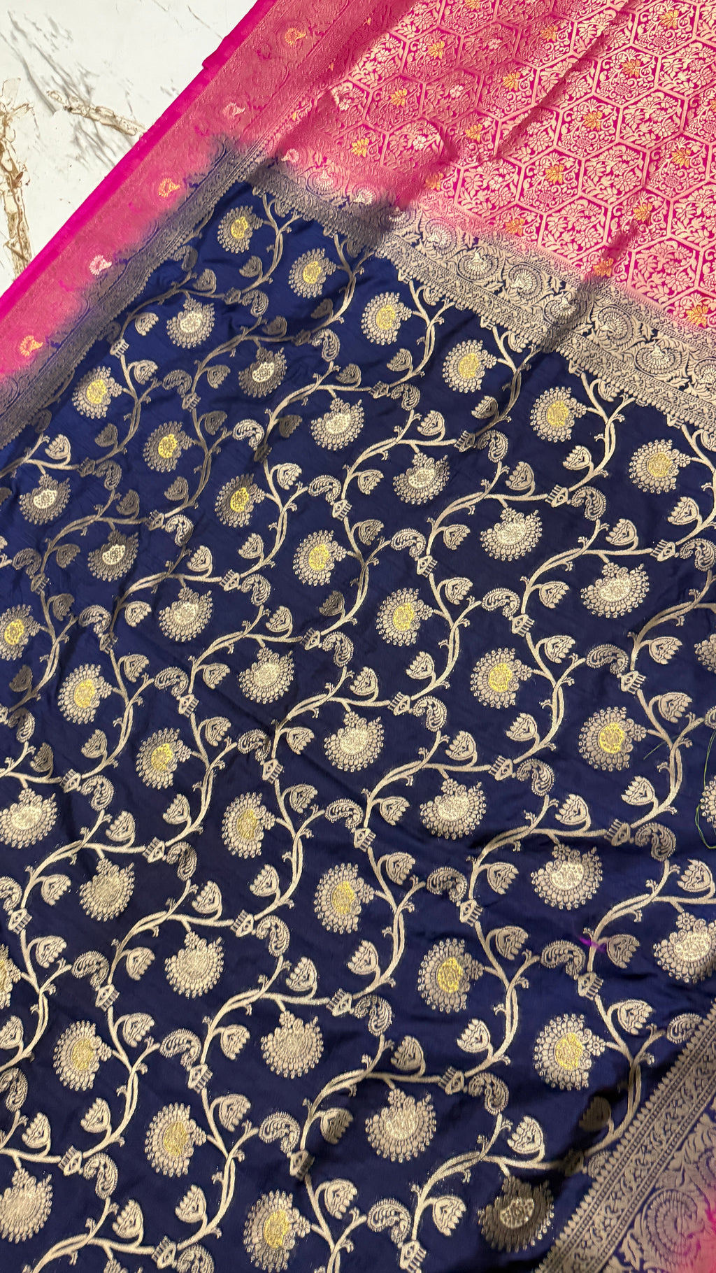Navy Blue Dola Silk Saree, Banarasi Zari Woven, Pink Border, Floral Motifs, Festive Wear