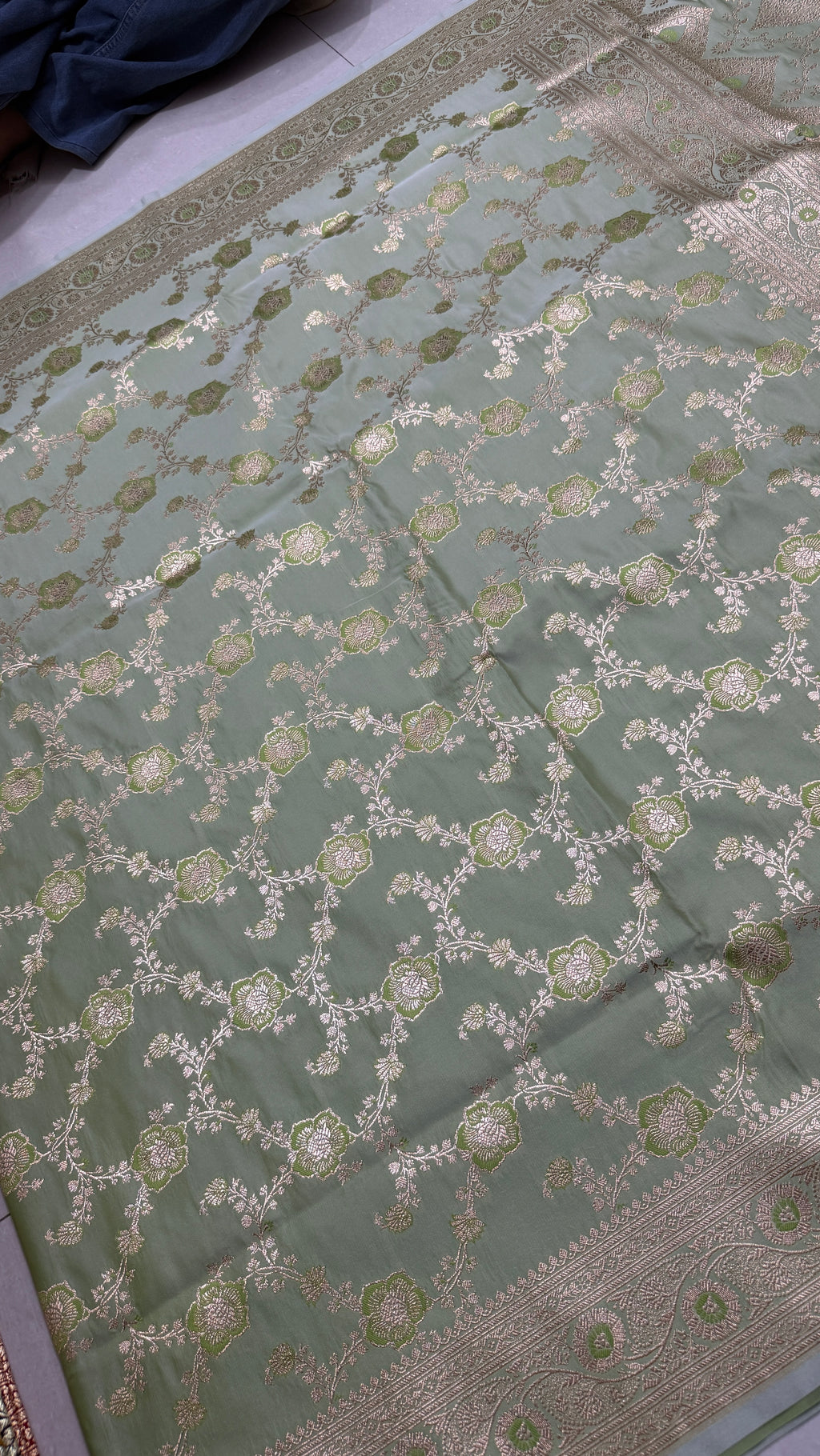 Pure Katan Silk Saree: Sage Green Zari Weave, Floral Motifs, Traditional Indian Wedding Wear