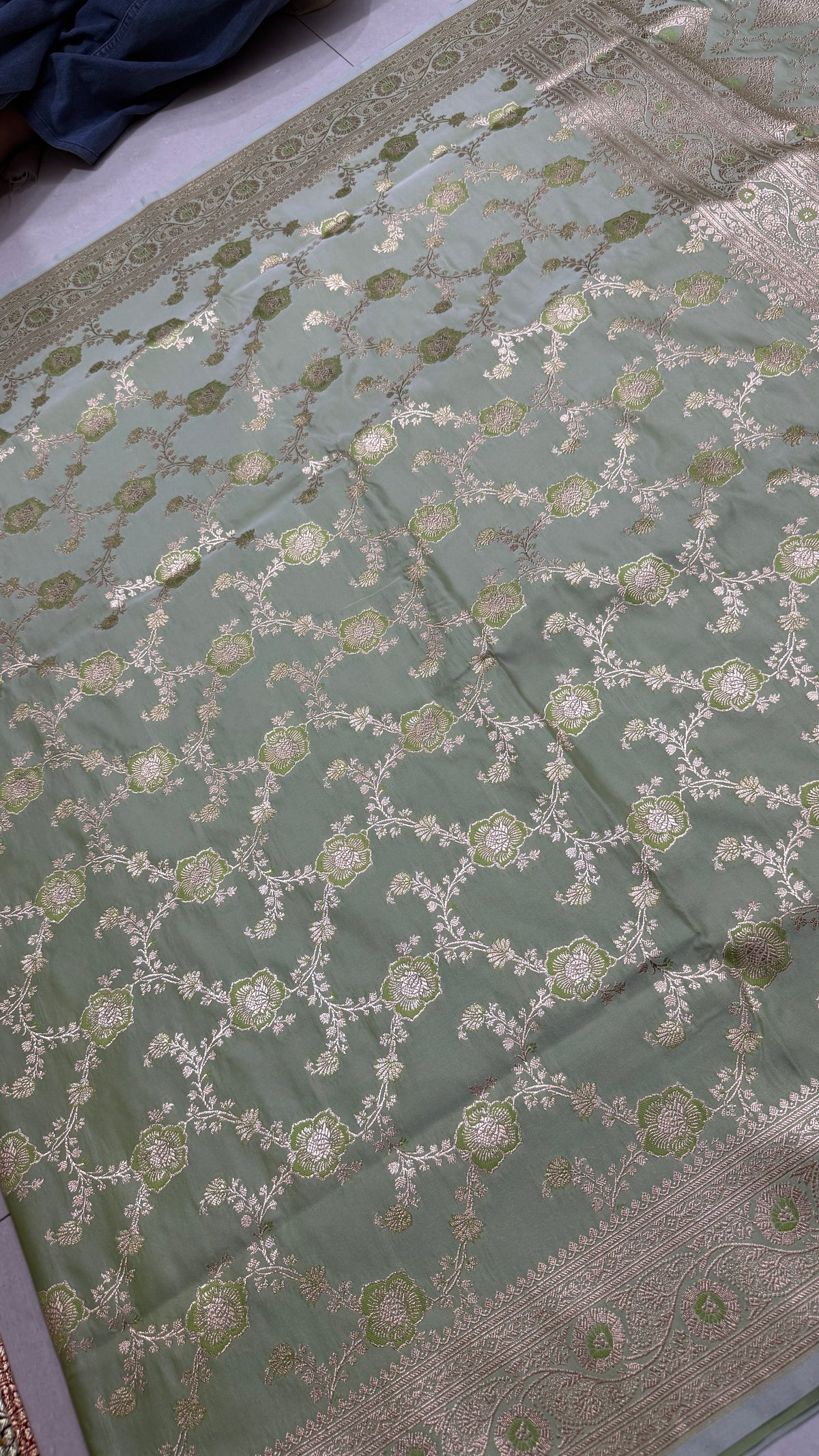 Pure Katan Silk Saree: Sage Green Zari Weave, Floral Motifs, Traditional Indian Wedding Wear