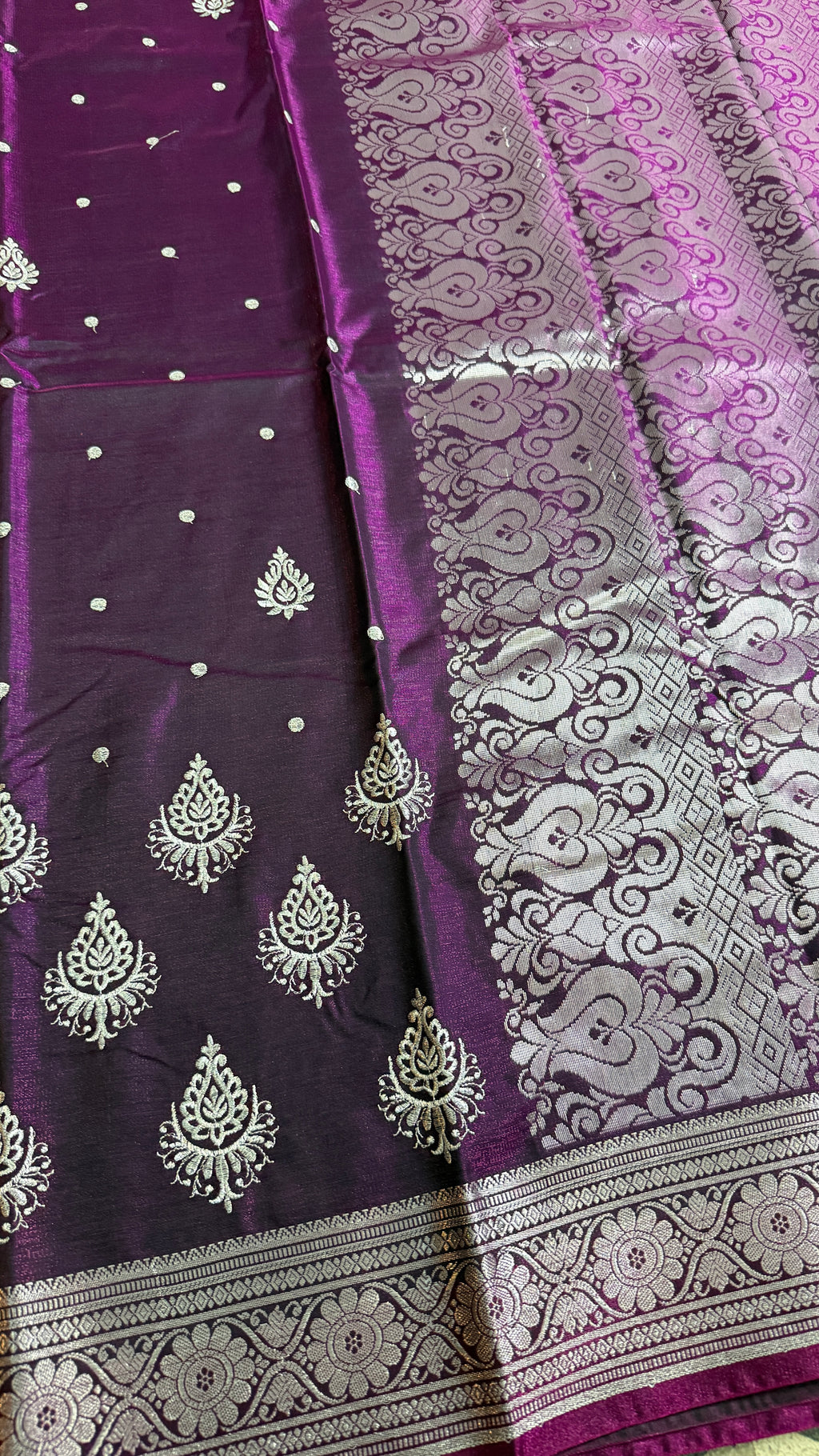 Deep Purple Satin Silk Saree, Silver Zari Border, Festive Indian Wedding Wear