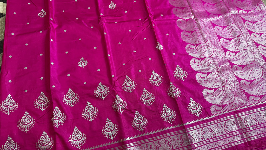 Magenta Pink Satin Silk Saree, Silver Zari Border, Festive Indian Wedding Wear