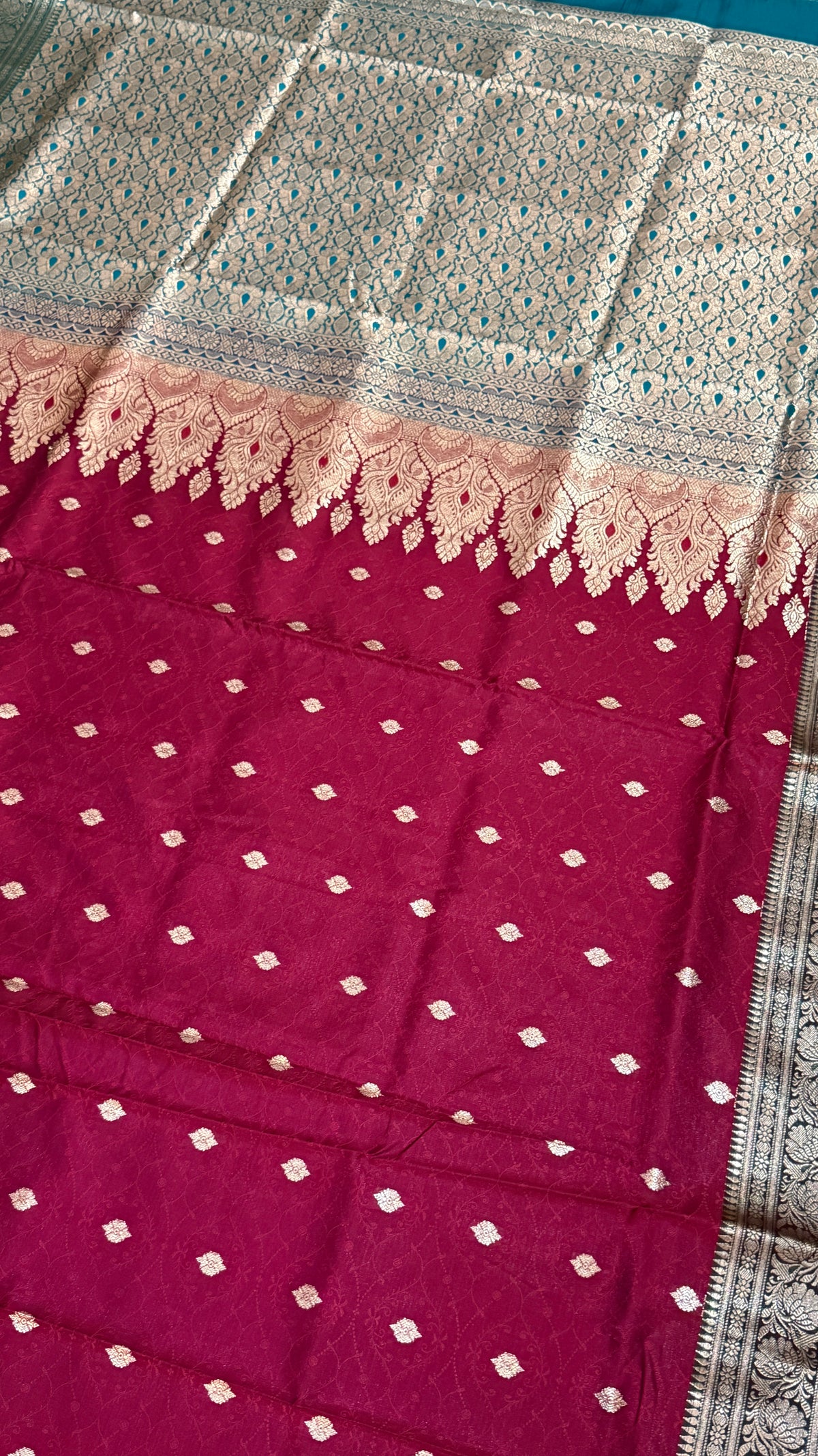 Banarasi Silk Saree Wine Magenta Teal, Golden Zari Woven, Wedding Festive Wear