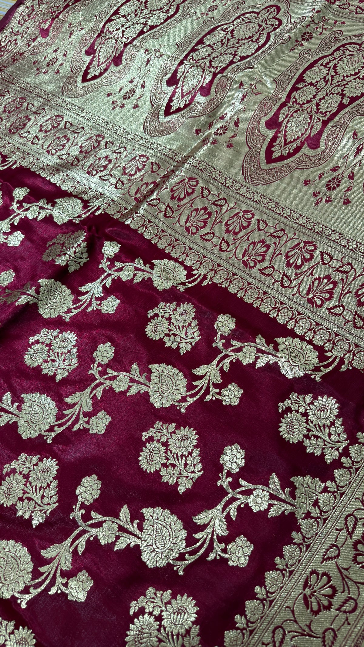 Maroon Banarasi Semi Katan Silk Saree, Golden Zari Floral, Wedding Festive Wear