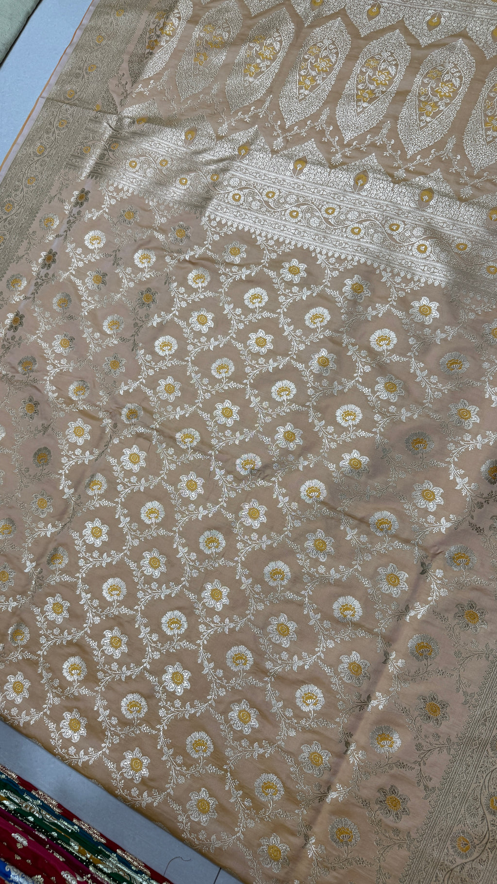 Pure Katan Silk Saree: Champagne Beige Floral Zari Woven Indian Wedding Festive Wear