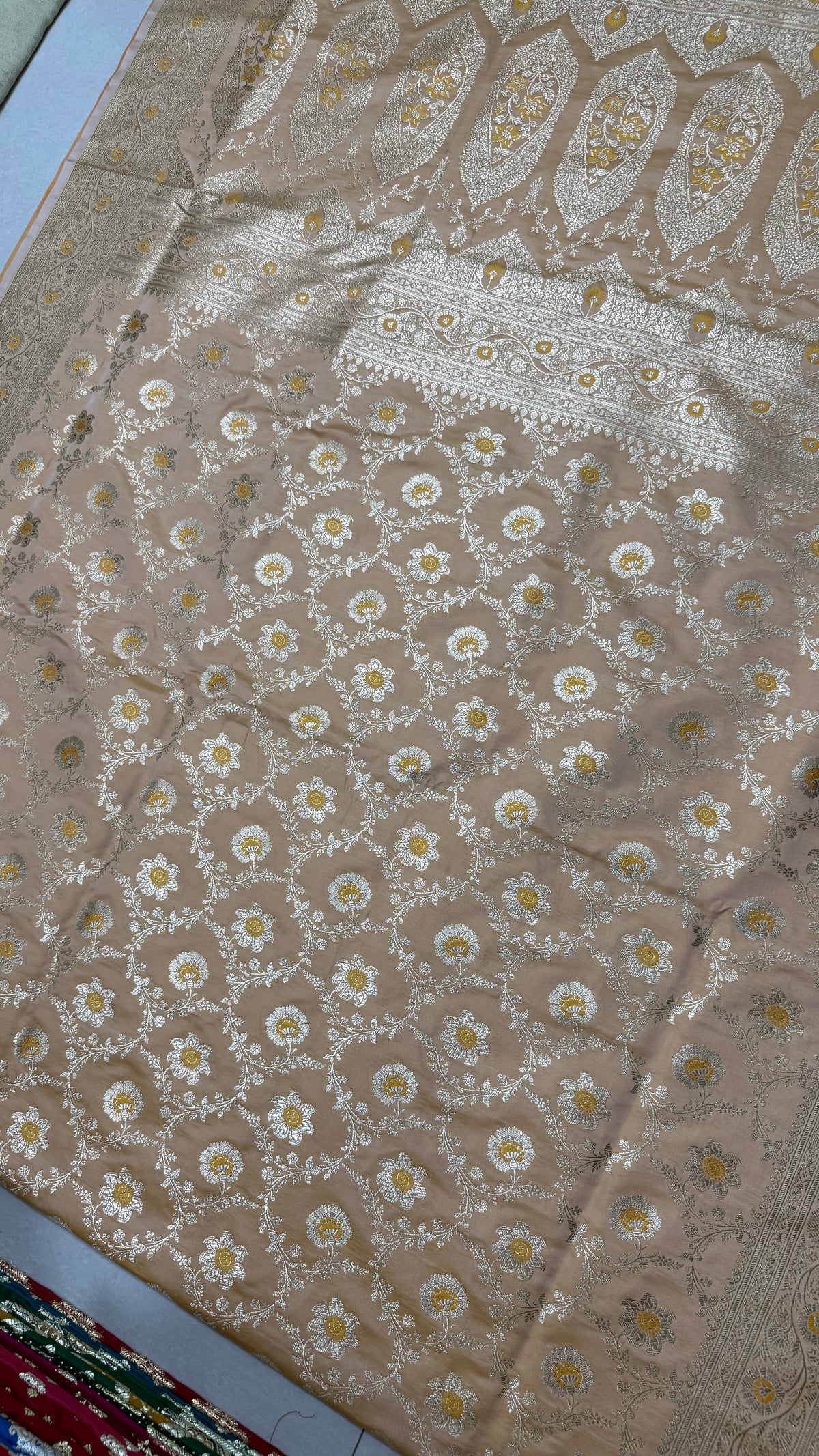 Pure Katan Silk Saree: Champagne Beige Floral Zari Woven Indian Wedding Festive Wear
