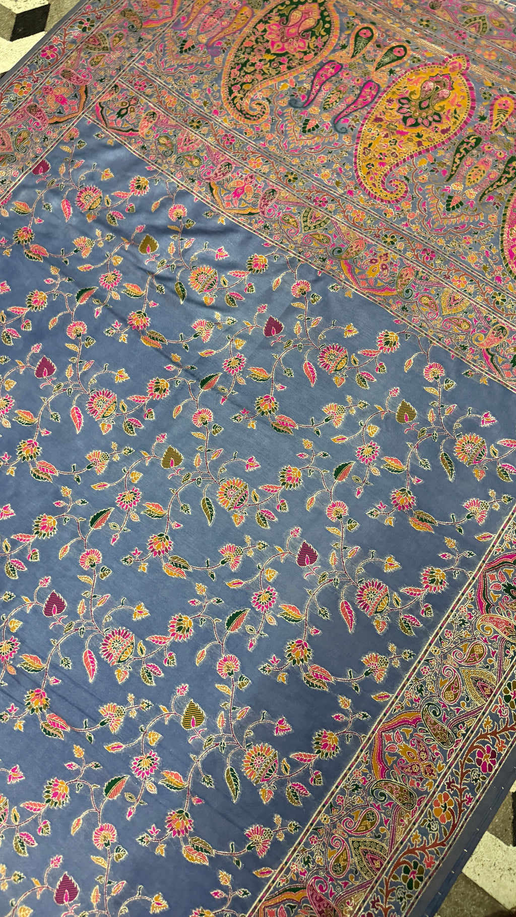 Steel Blue Pashmina Silk Saree, Kashmiri Floral Woven, Paisley Border, Indian Festive Wear