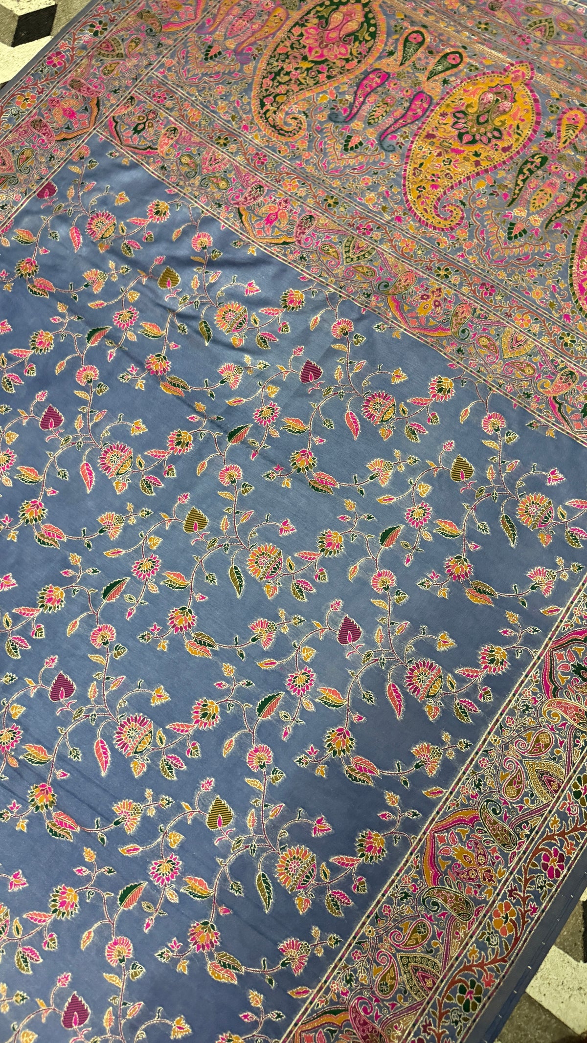 Steel Blue Pashmina Silk Saree, Kashmiri Floral Woven, Paisley Border, Indian Festive Wear