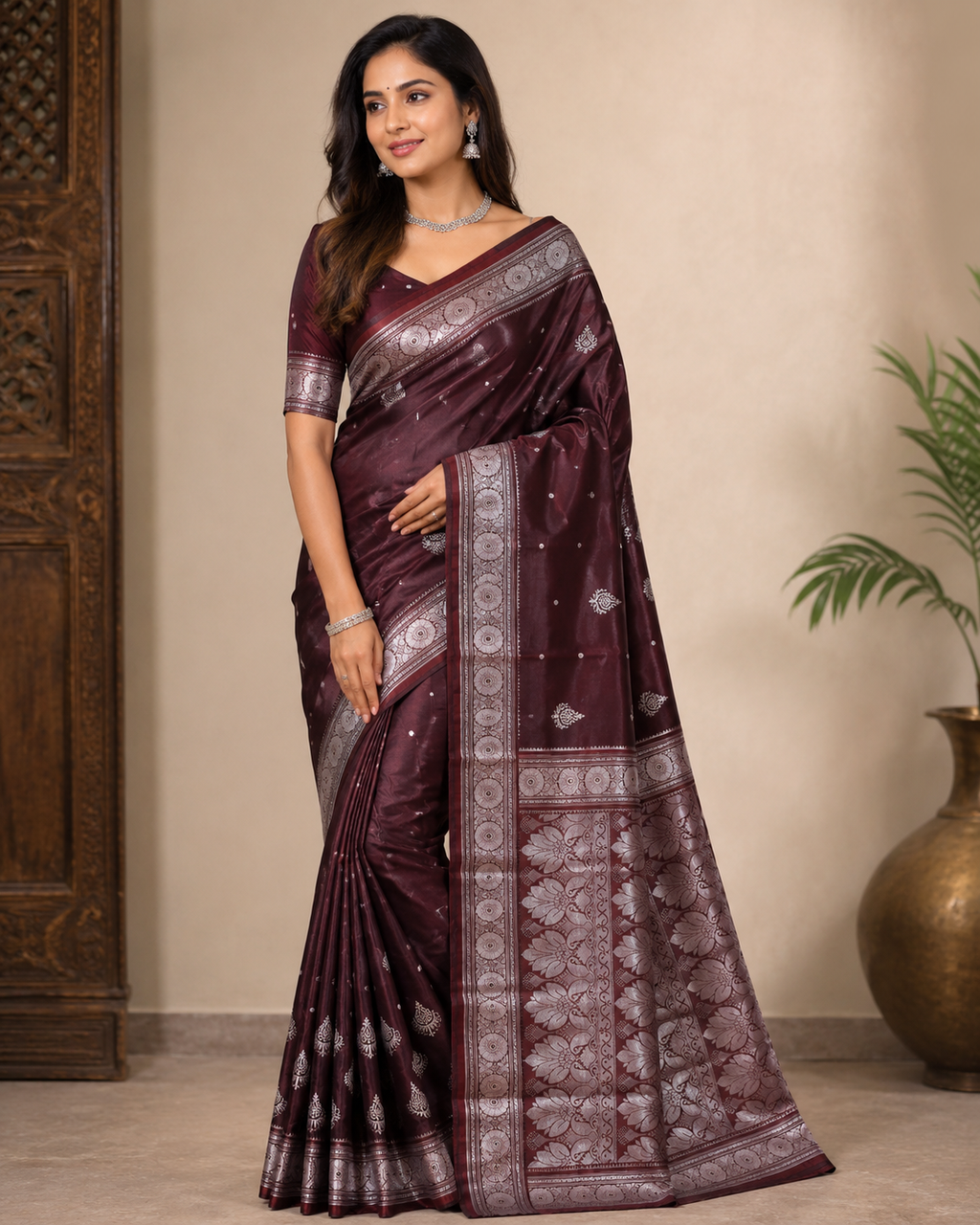 Wine Maroon Satin Silk Saree, Silver Zari Border, Floral Pallu, Festive Ethnic Wear