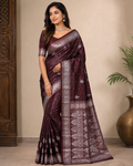 Wine Maroon Satin Silk Saree, Silver Zari Border, Floral Pallu, Festive Ethnic Wear