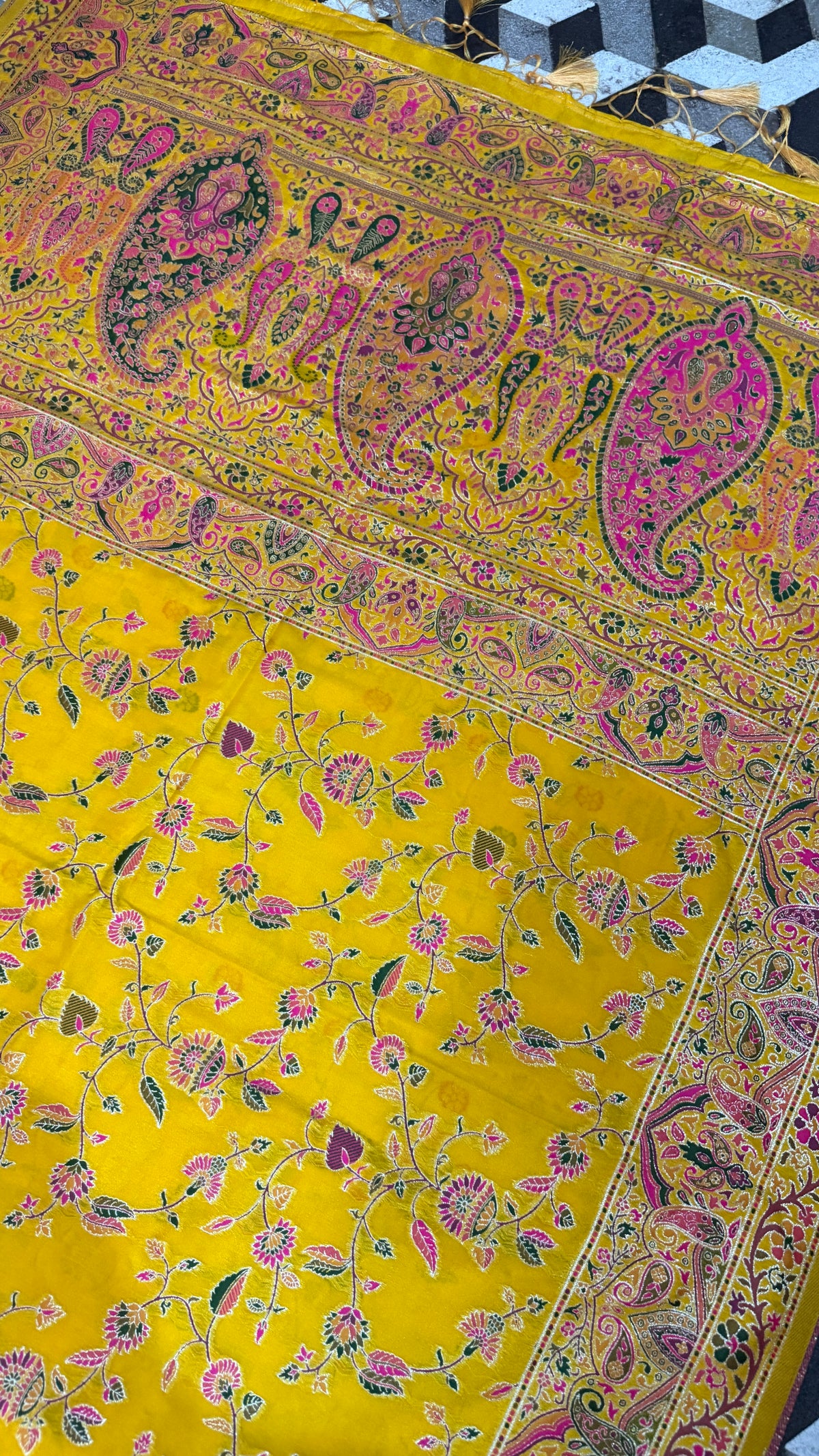 Mustard Yellow Pashmina Silk Saree, Kashmiri Floral Woven Paisley Border, Indian Festive Wear