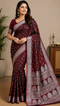 Maroon Satin Silk Saree with Silver Butti & Traditional Woven Border | Elegant Indian Saree