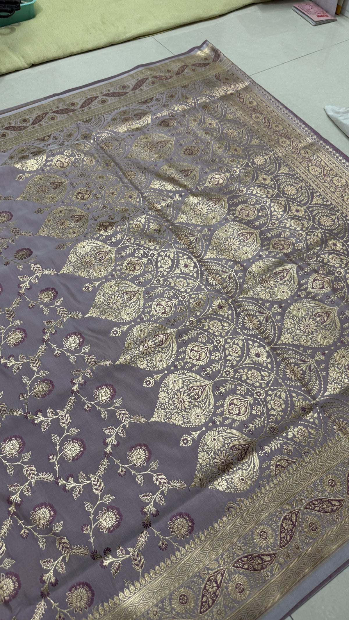 Pure Katan Silk Saree, Lavender Grey, Gold Zari Floral Weave, Indian Wedding Ethnic Wear