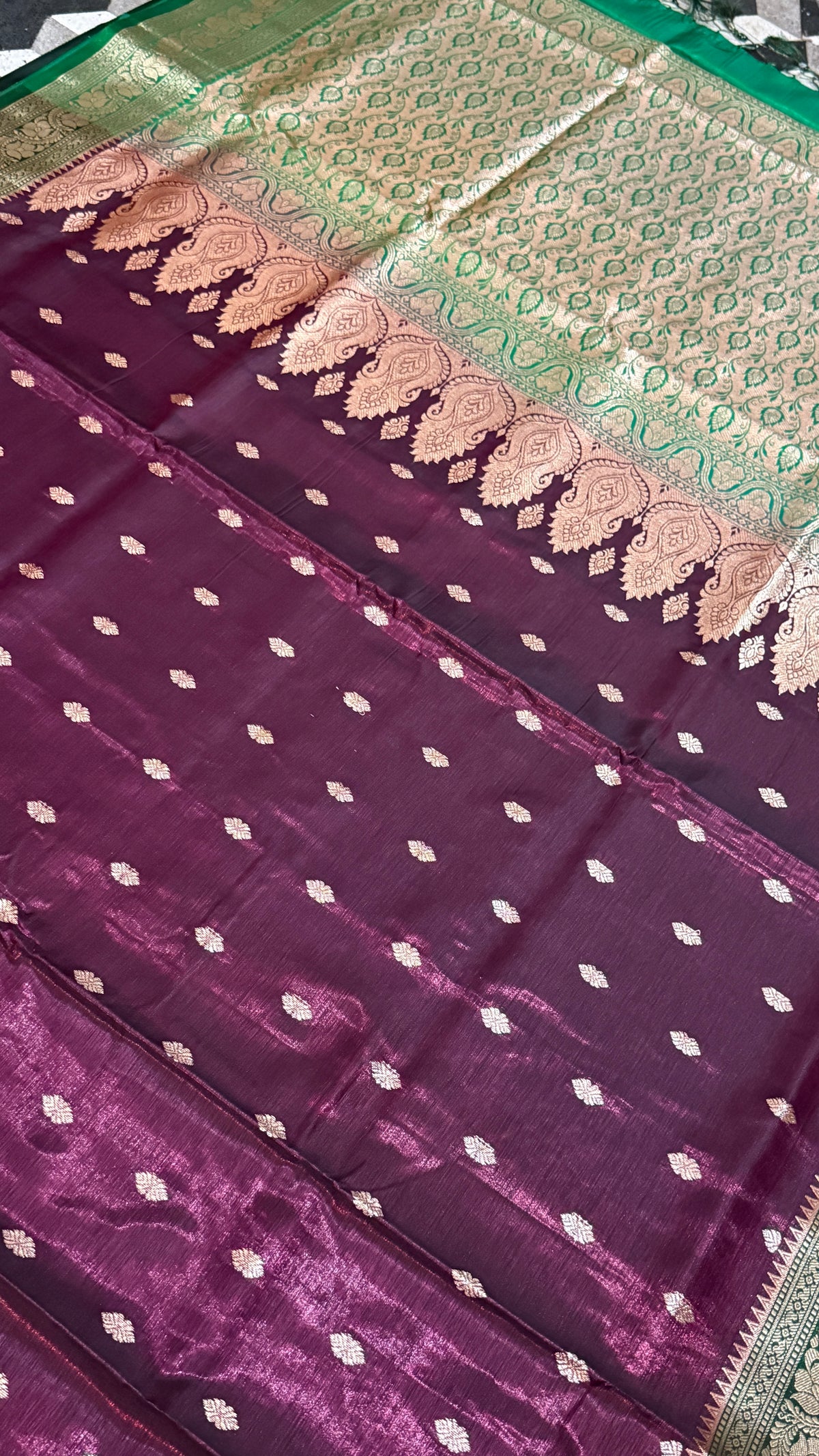 Banarasi Silk Saree, Wine Purple & Emerald Green, Golden Zari Weaving, Wedding Ethnic Wear