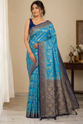 Sky Blue Dola Silk Saree, Banarasi Zari Woven Floral, Festive Indian Wedding Wear