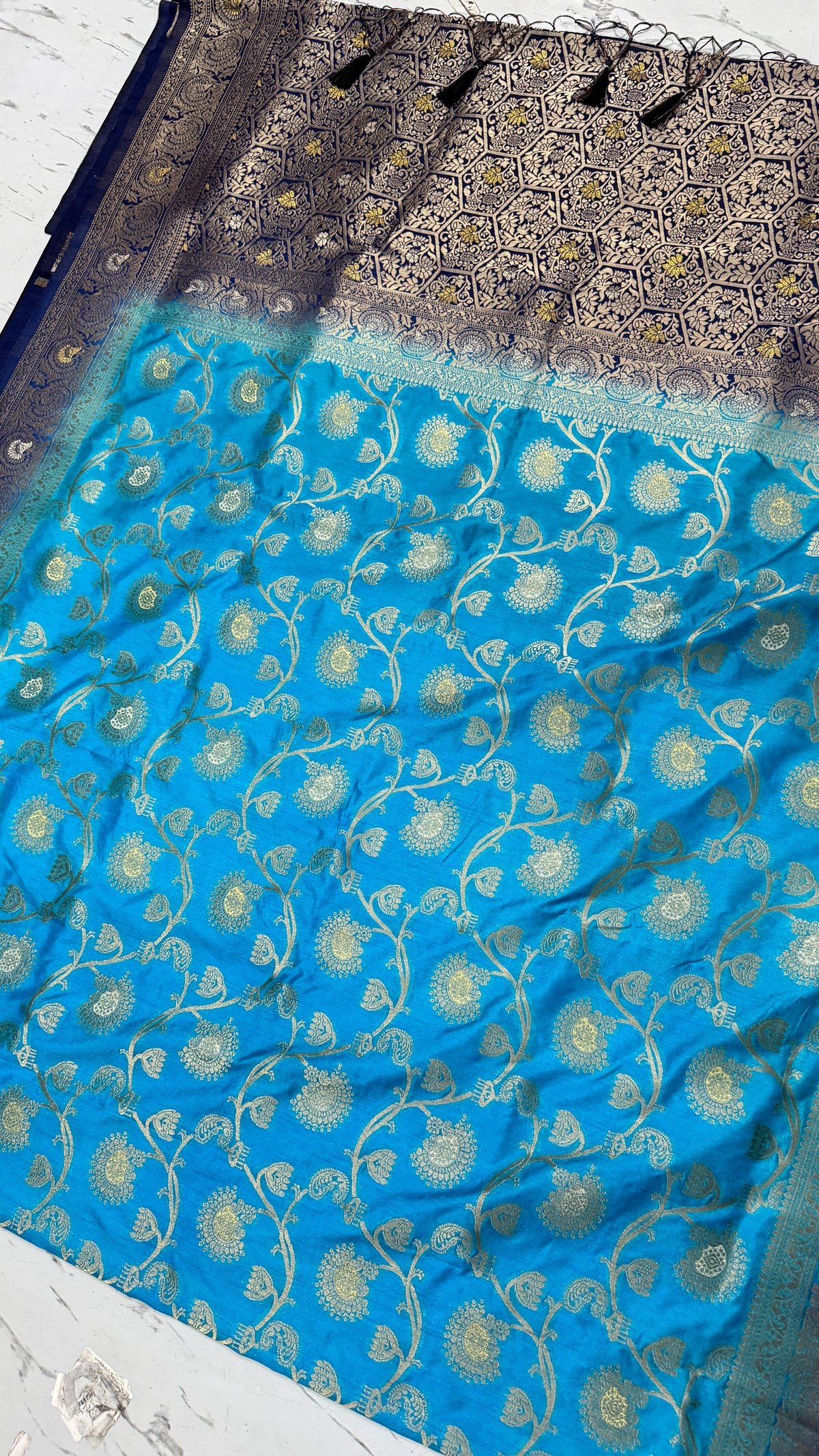 Sky Blue Dola Silk Saree, Banarasi Zari Woven Floral, Festive Indian Wedding Wear
