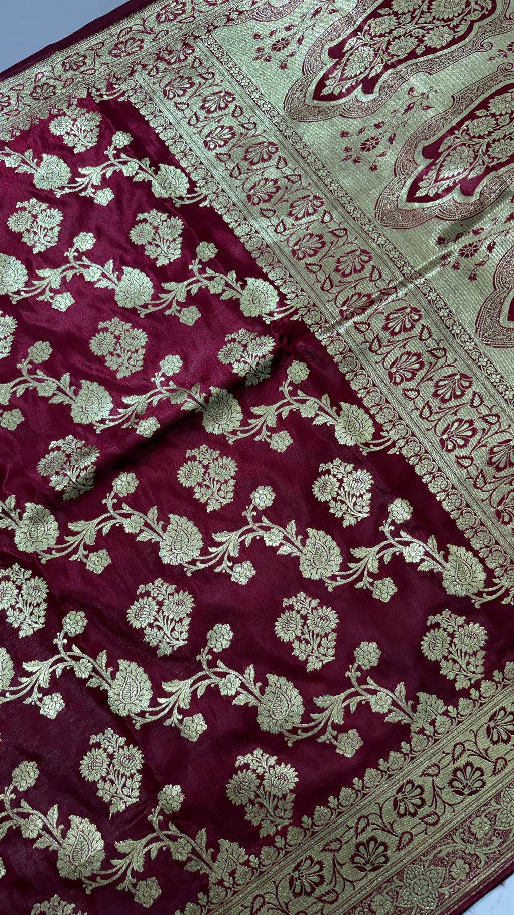 Maroon Banarasi Semi Katan Silk Saree, Golden Zari Floral, Wedding Festive Wear