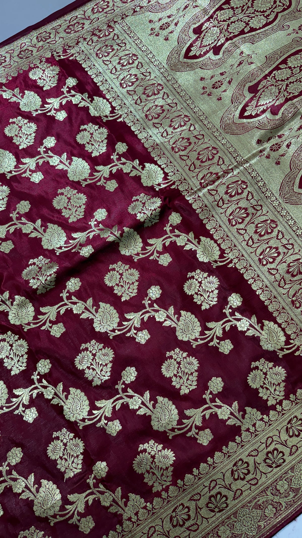 Maroon Banarasi Semi Katan Silk Saree, Golden Zari Floral, Wedding Festive Wear