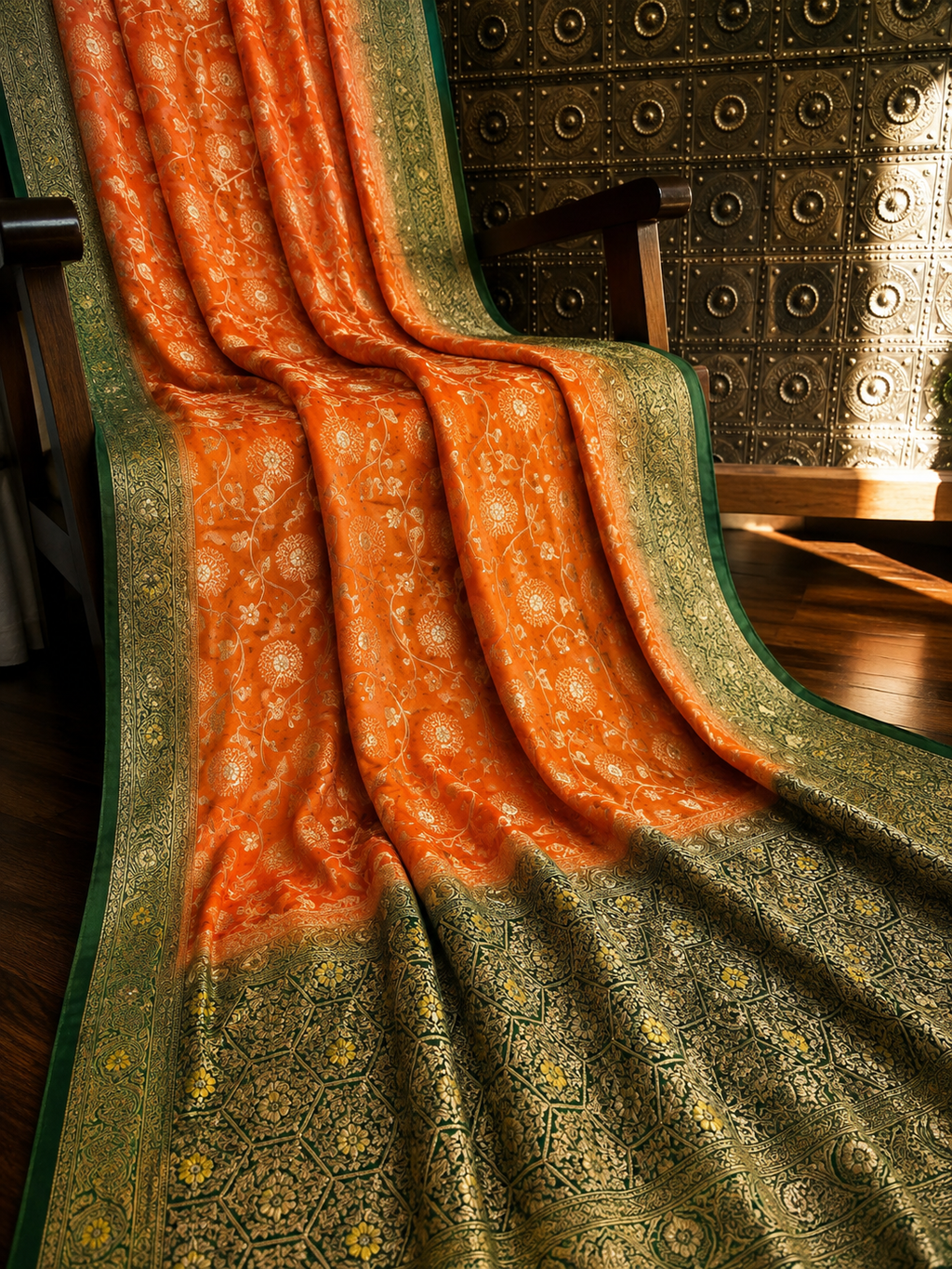 Orange Dola Silk Saree, Banarasi Zari Woven Floral Motifs, Festive Wedding Wear