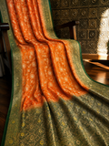 Orange Dola Silk Saree, Banarasi Zari Woven Floral Motifs, Festive Wedding Wear