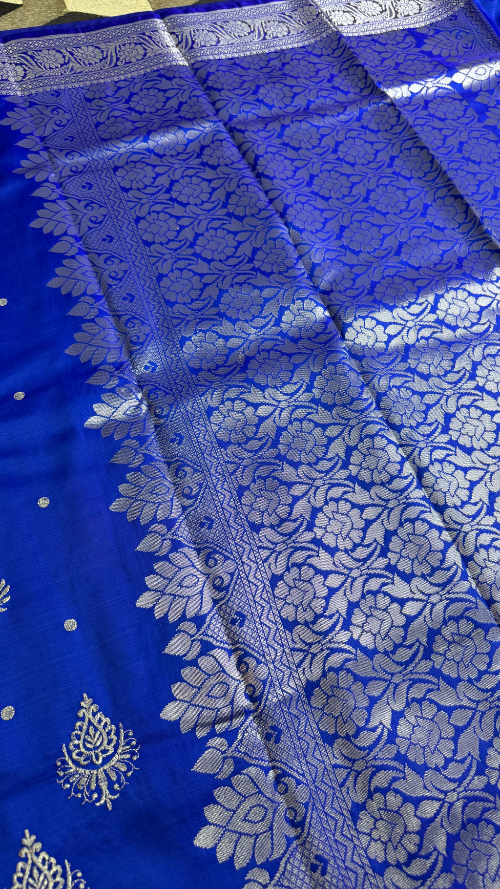Royal Blue Satin Silk Saree, Silver Zari Border, Festive Indian Wedding Wear