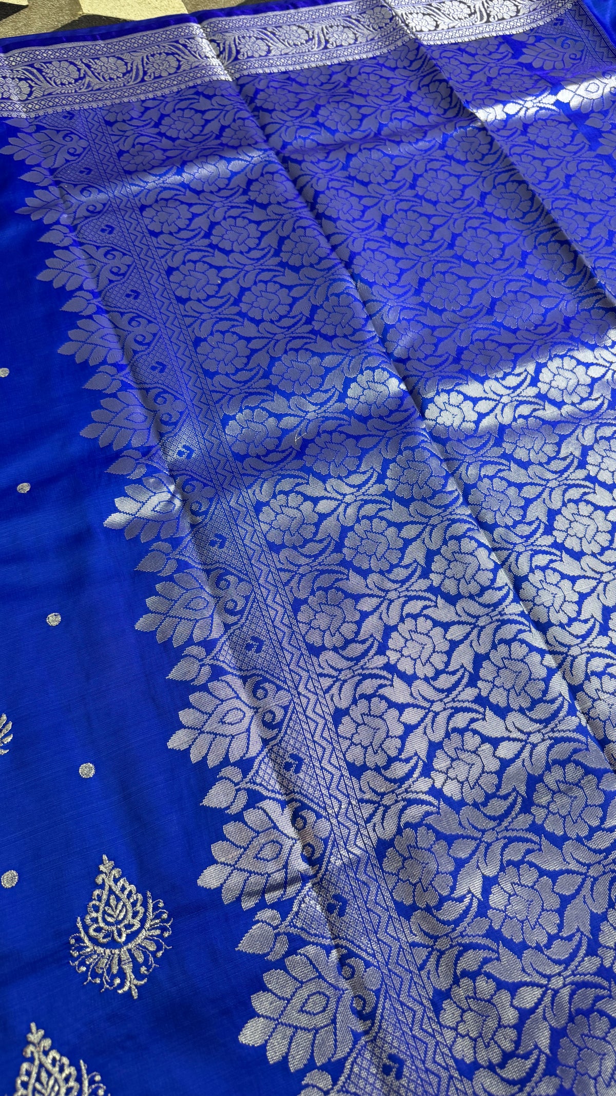 Royal Blue Satin Silk Saree, Silver Zari Border, Festive Indian Wedding Wear