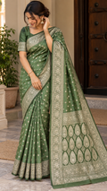 Emerald Green Banarasi Silk Saree, Rose Gold Zari Woven Border, Indian Wedding Festive Wear (Copy 6)