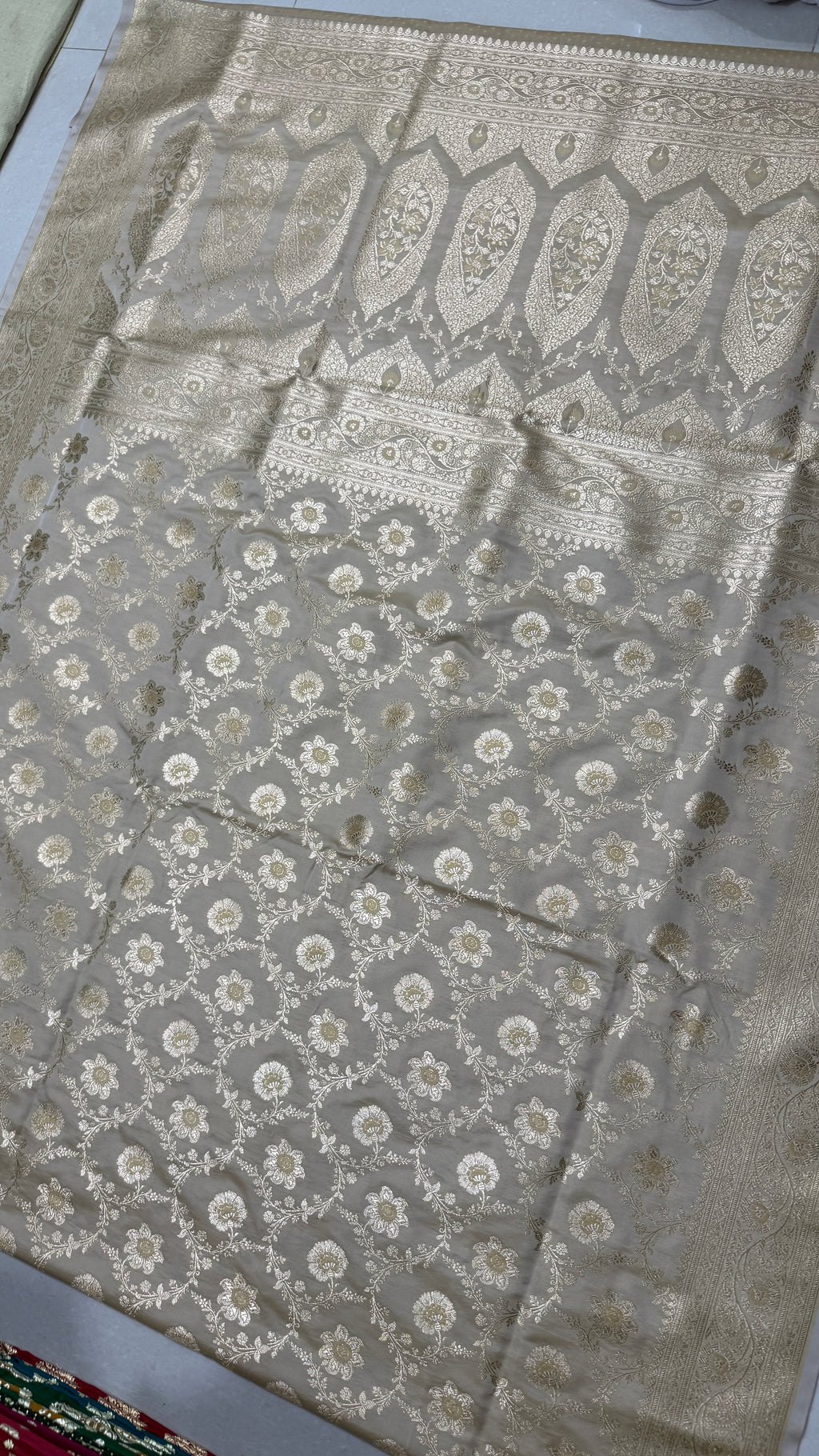 Pure Katan Silk Saree: Pearl Silver Floral Zari Woven Indian Wedding Festive Traditional Bridal