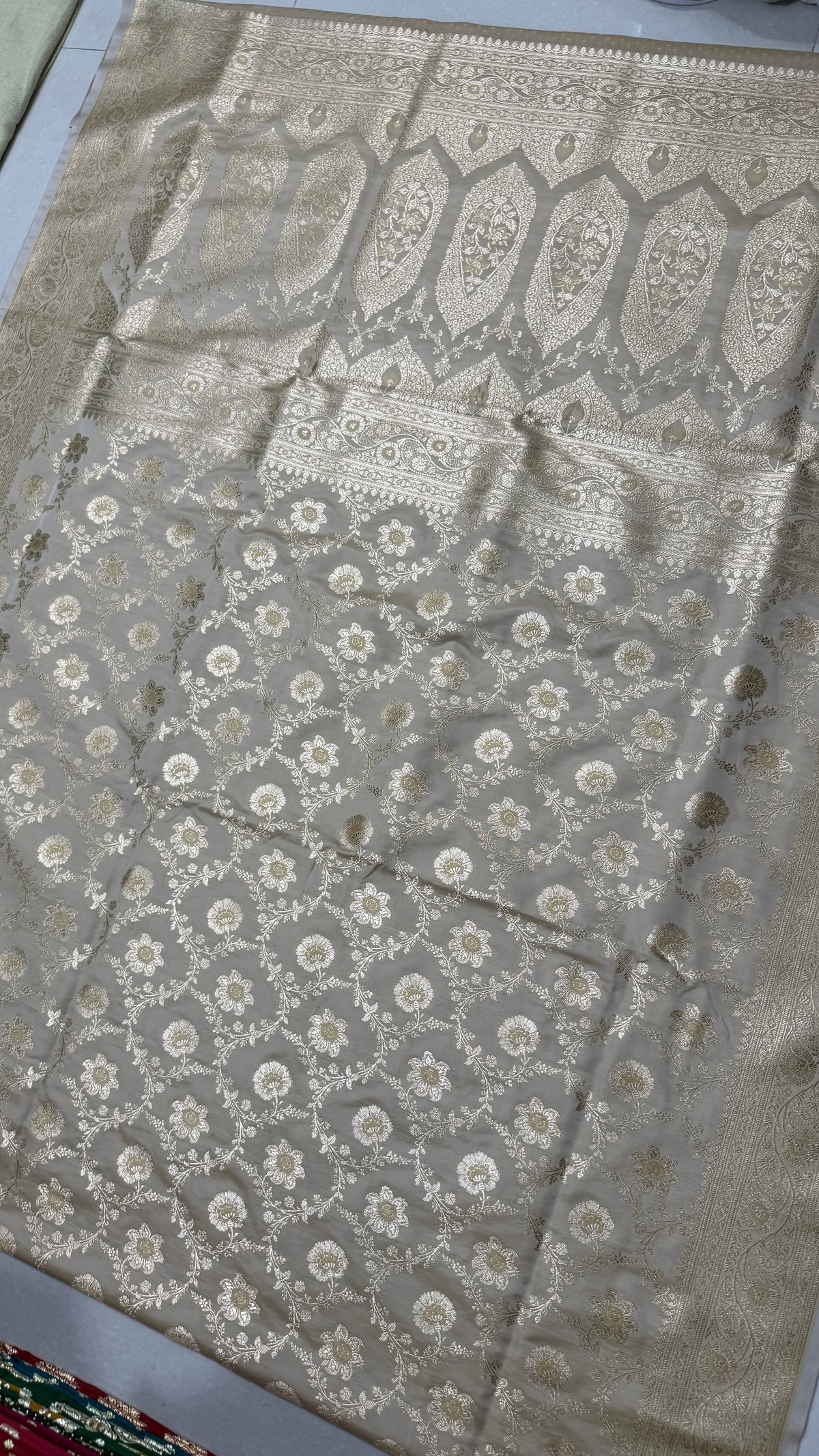 Pure Katan Silk Saree: Pearl Silver Floral Zari Woven Indian Wedding Festive Traditional Bridal