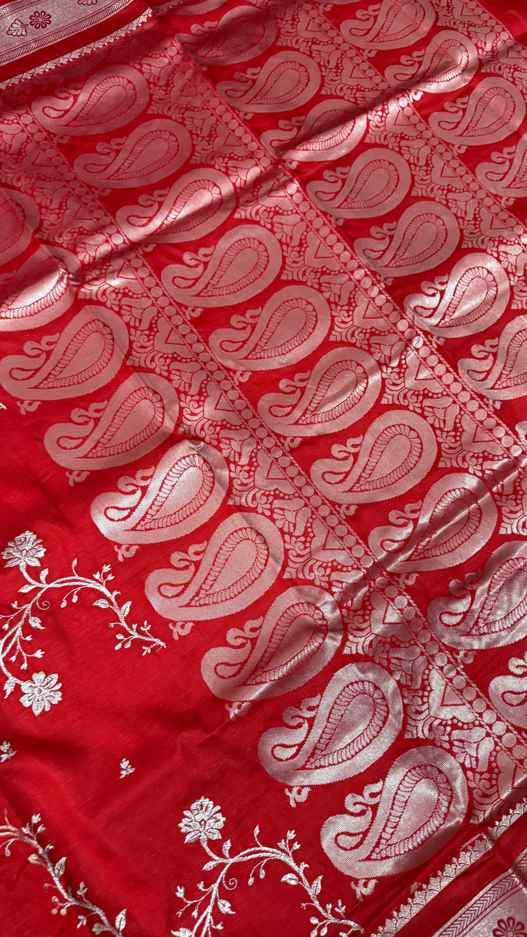 Red Satin Silk Saree, Floral Vine, Silver Border, Paisley Pallu (Wedding Wear)