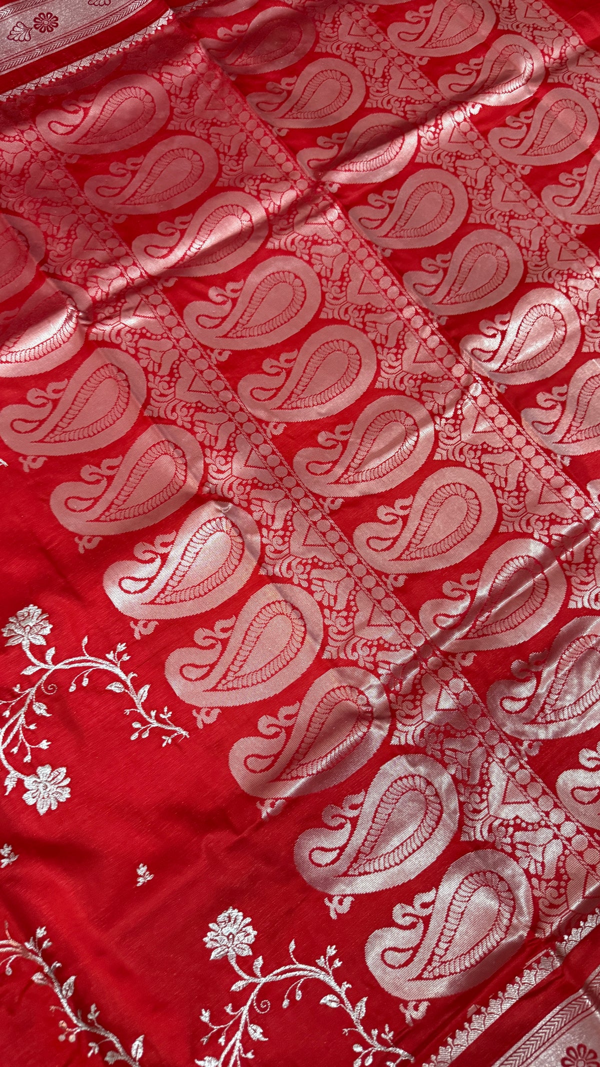 Red Satin Silk Saree, Floral Vine, Silver Border, Paisley Pallu (Wedding Wear)