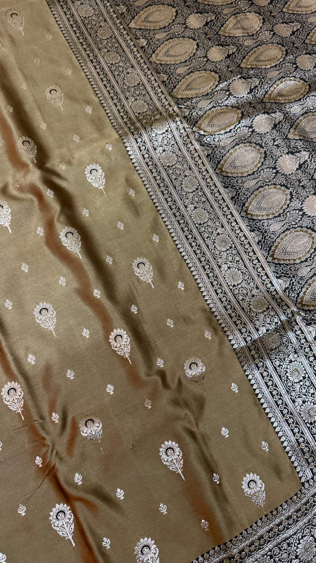 Olive Brown Silk Saree with Zari Work, Floral & Paisley Motifs (Traditional Indian Wear)