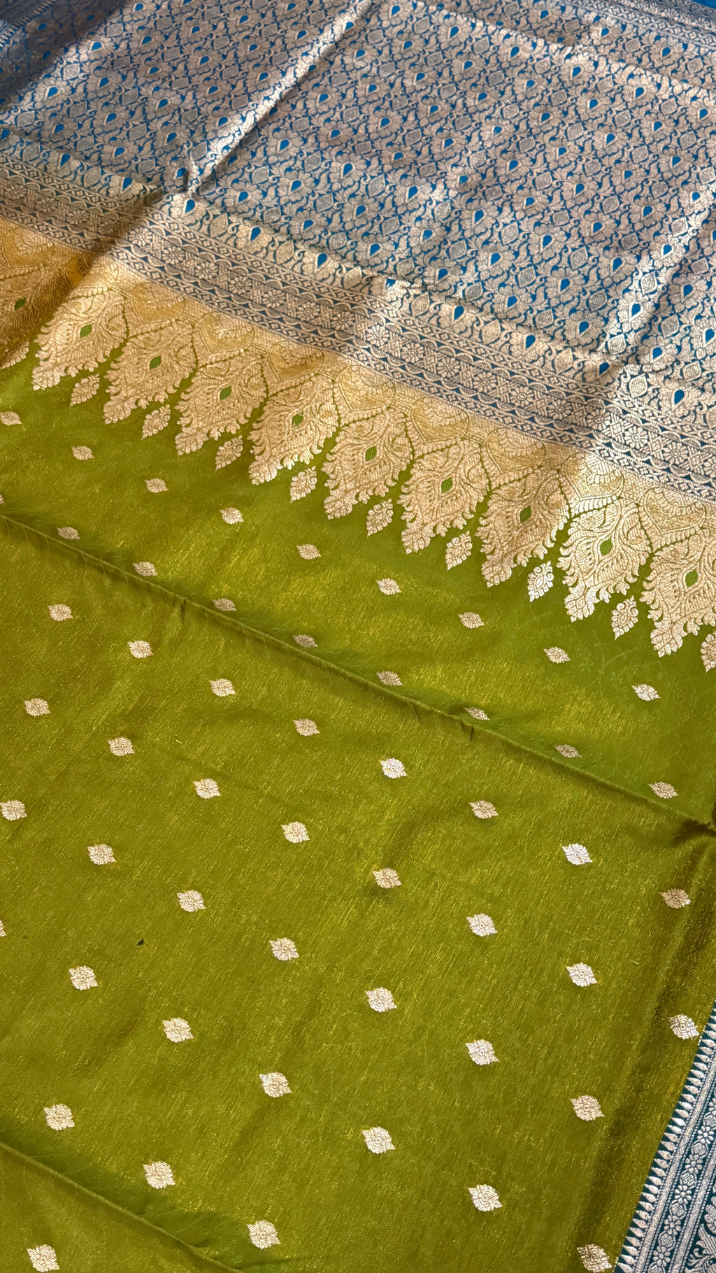 Olive Green Banarasi Silk Saree, Blue Zari Woven Border, Traditional Indian Wedding Wear