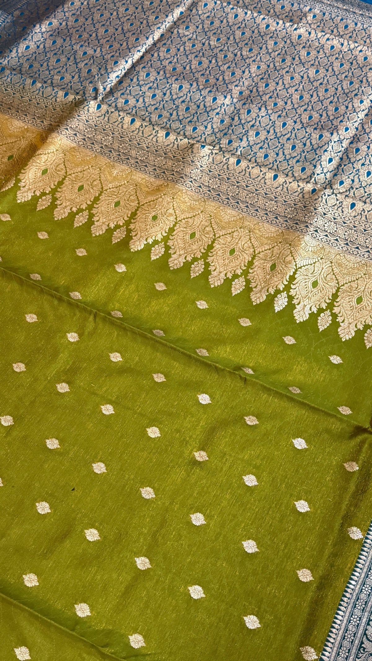 Olive Green Banarasi Silk Saree, Blue Zari Woven Border, Traditional Indian Wedding Wear