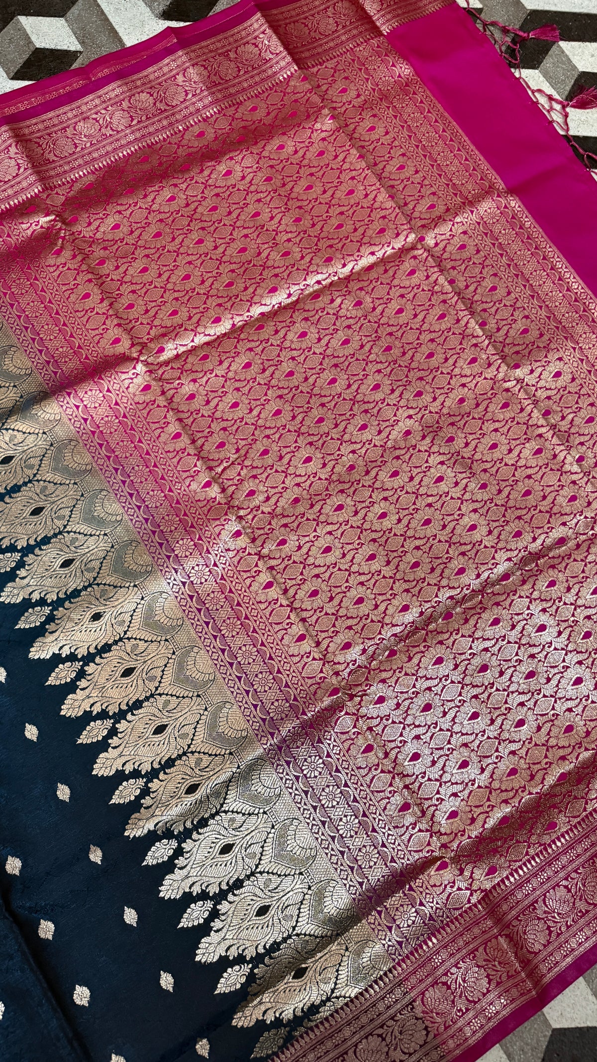 Navy Blue Pink Banarasi Silk Saree, Golden Zari Woven, Wedding Festive Wear