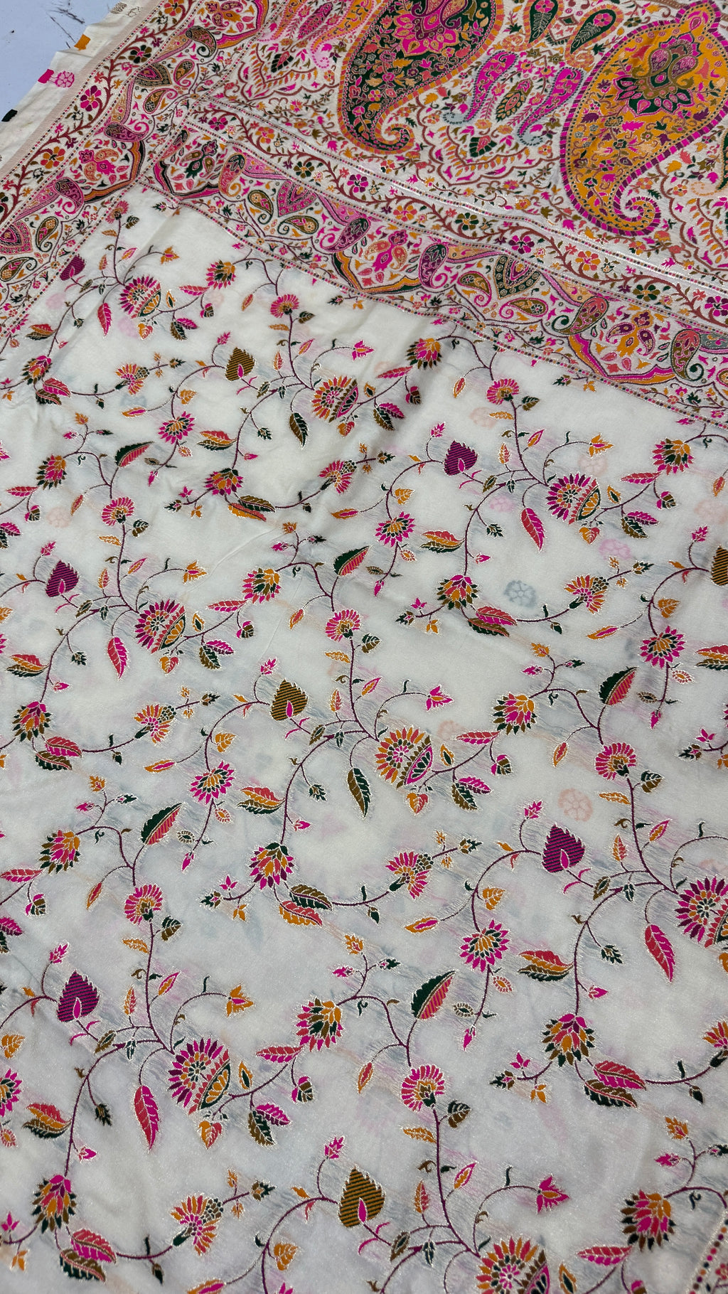 Pashmina Silk Saree | Cream Floral Printed Saree with Paisley Border | Indian Ethnic Wedding & Festive Wear