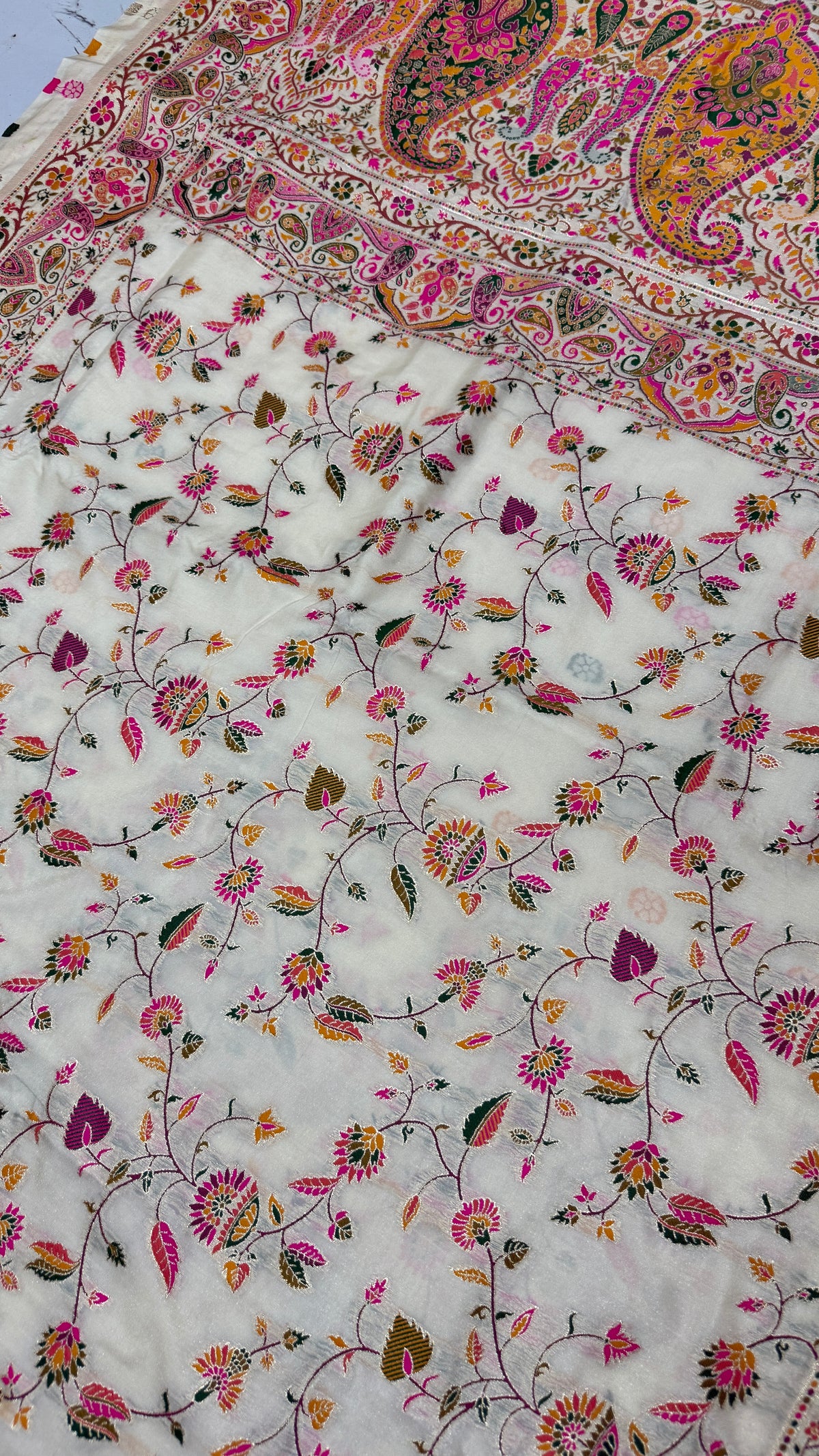 Pashmina Silk Saree | Cream Floral Printed Saree with Paisley Border | Indian Ethnic Wedding & Festive Wear