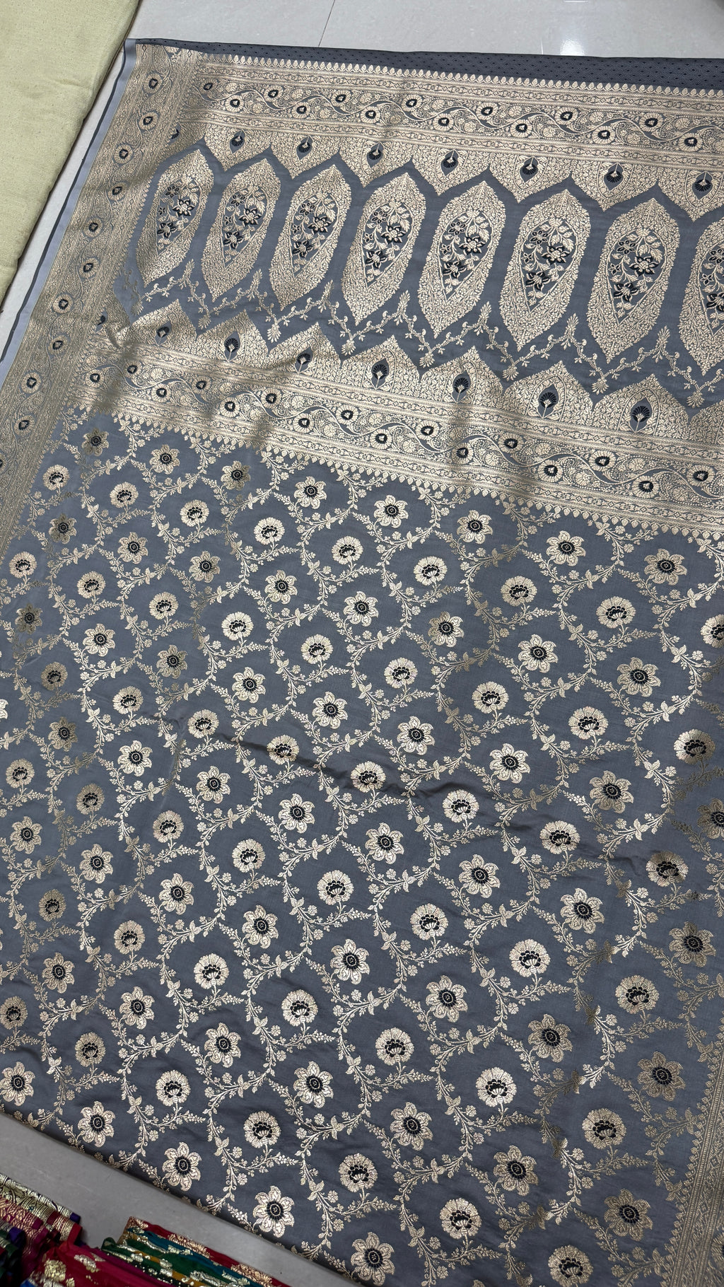 Pure Katan Silk Saree, Slate Grey Banarasi, Gold Zari Floral Weave, Wedding Ethnic Wear