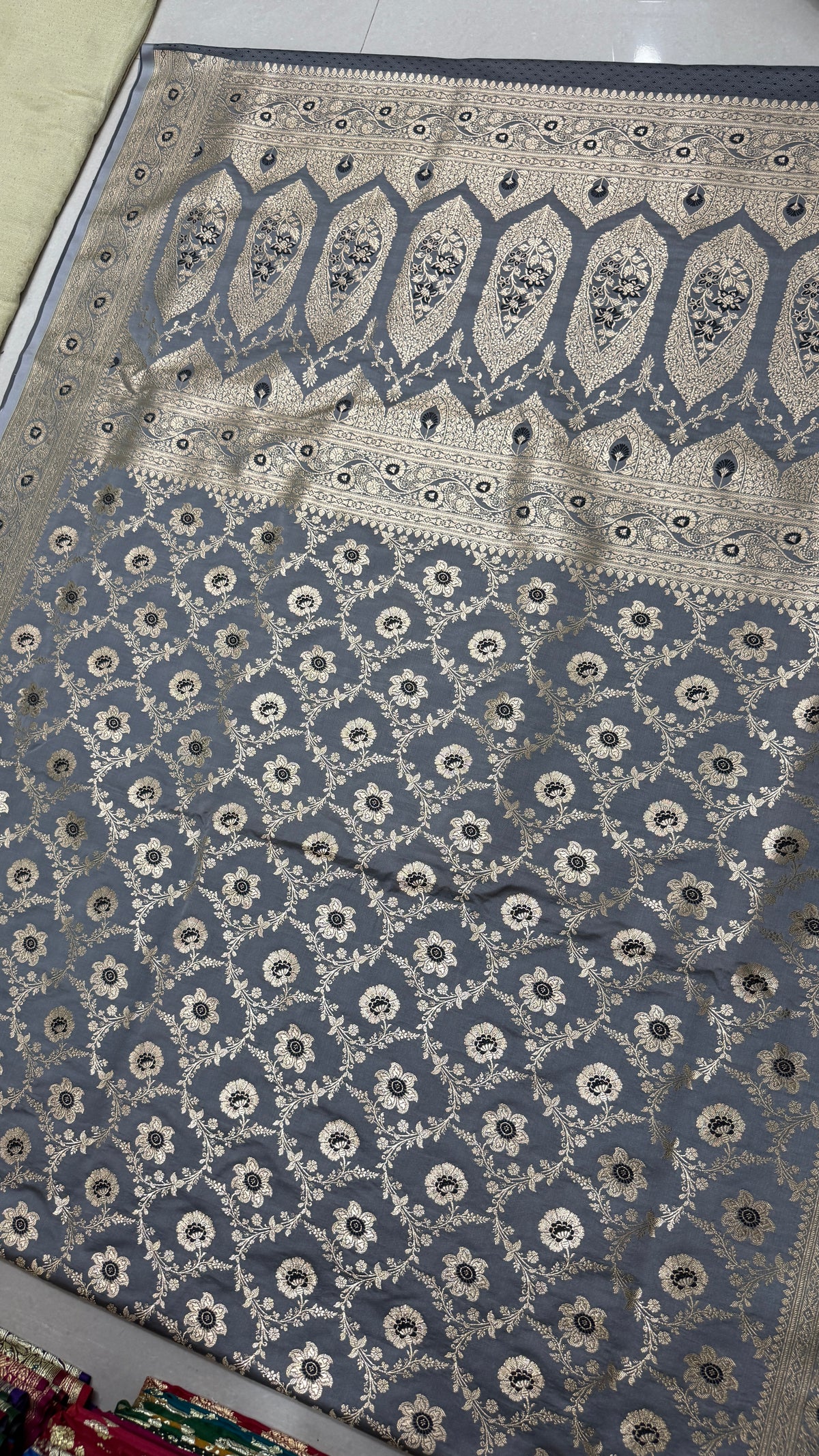 Pure Katan Silk Saree, Slate Grey Banarasi, Gold Zari Floral Weave, Wedding Ethnic Wear