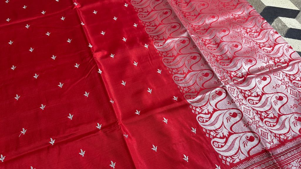 Red Satin Silk Saree, Traditional Woven Border, Festive Ethnic Wear