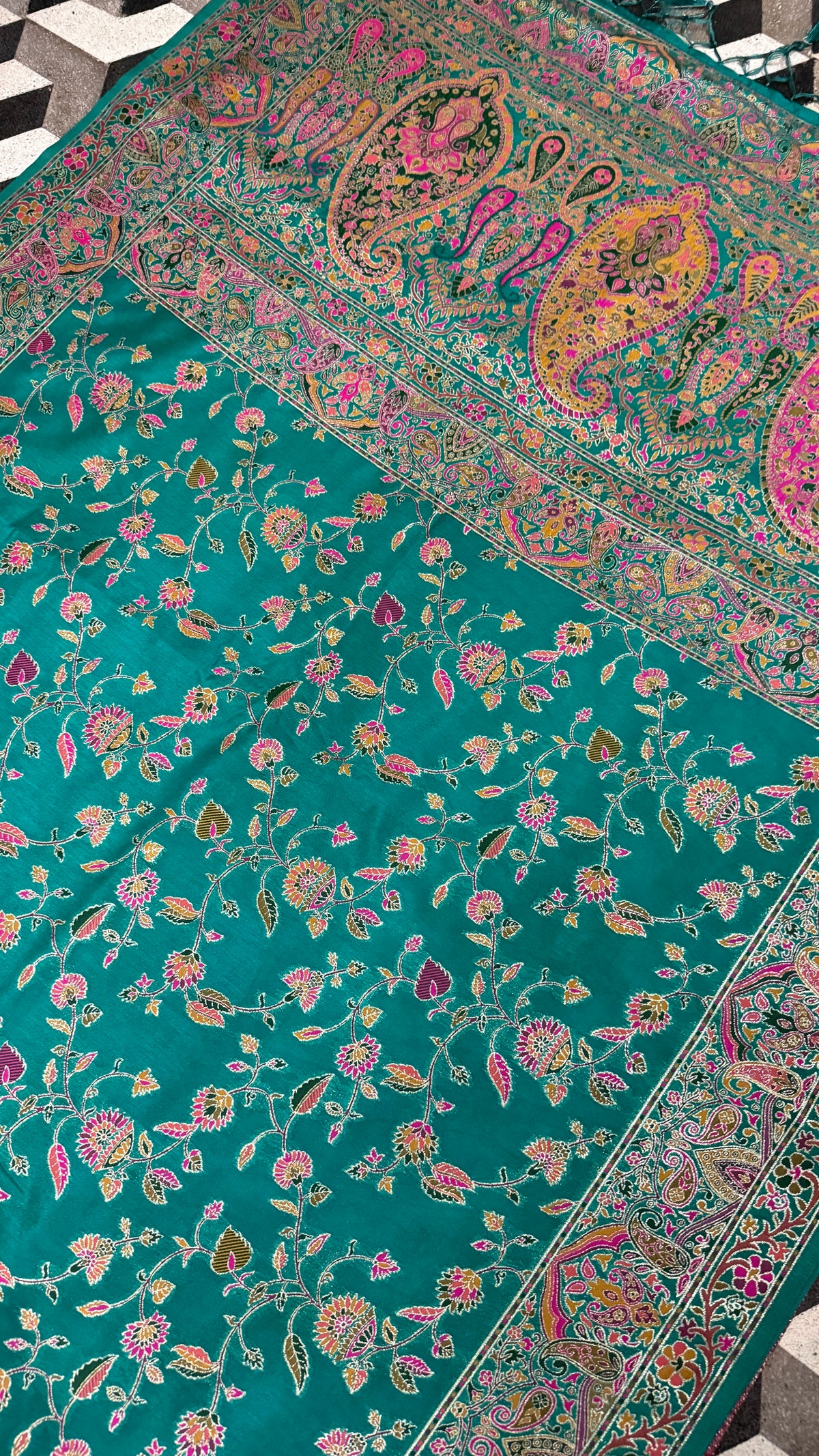 Teal Blue Pashmina Silk Saree, Kashmiri Floral Woven Paisley Border