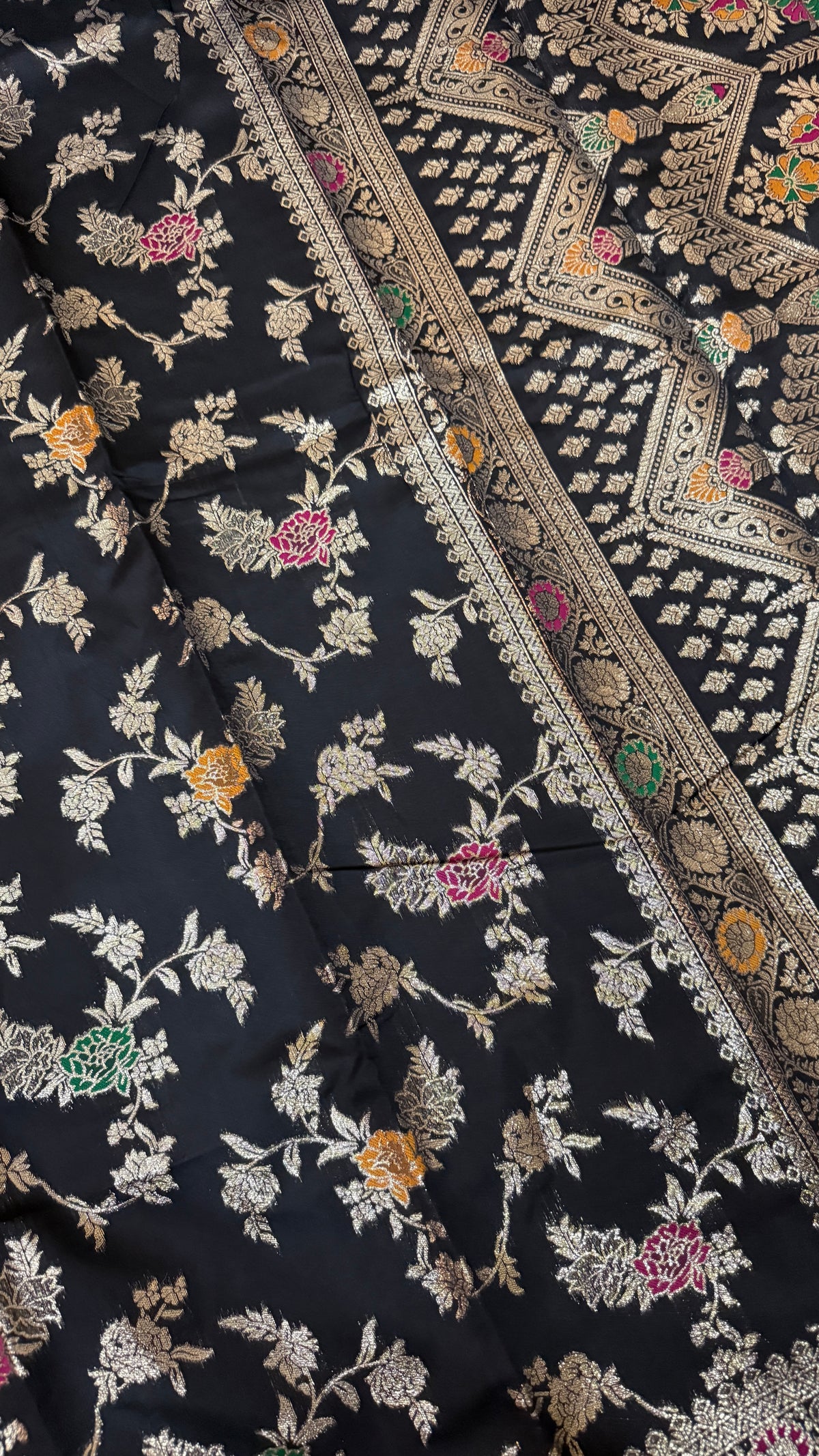 Black Georgette Silk Saree, Floral Zari, Traditional Wedding Wear
