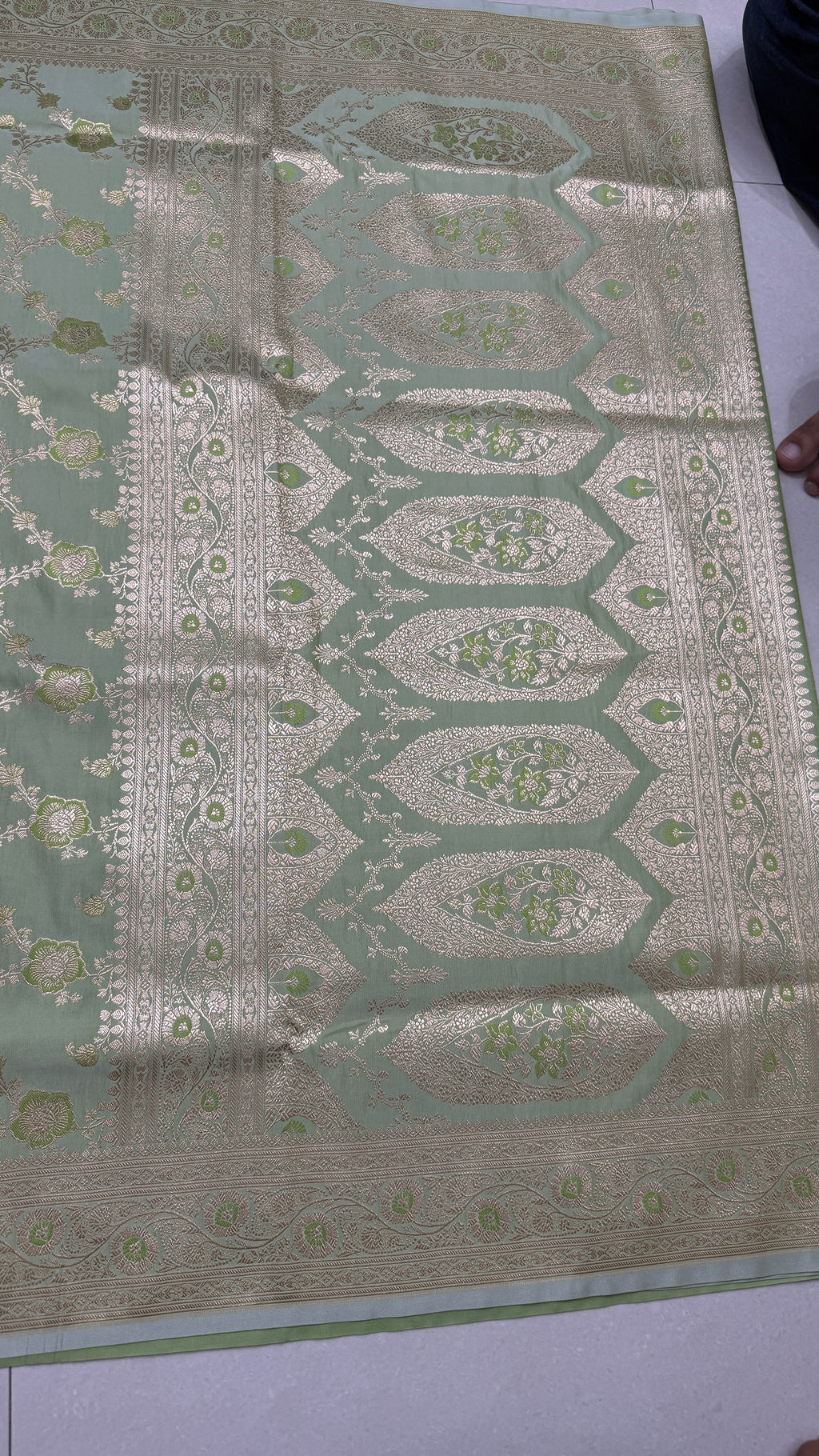 Pure Katan Silk Saree: Sage Green Zari Weave, Floral Motifs, Traditional Indian Wedding Wear