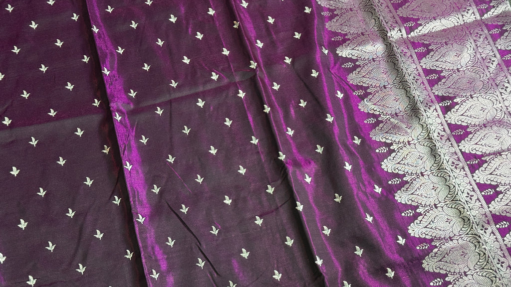 Purple Satin Silk Saree, Silver Zari Border, Indian Wedding Festive Wear