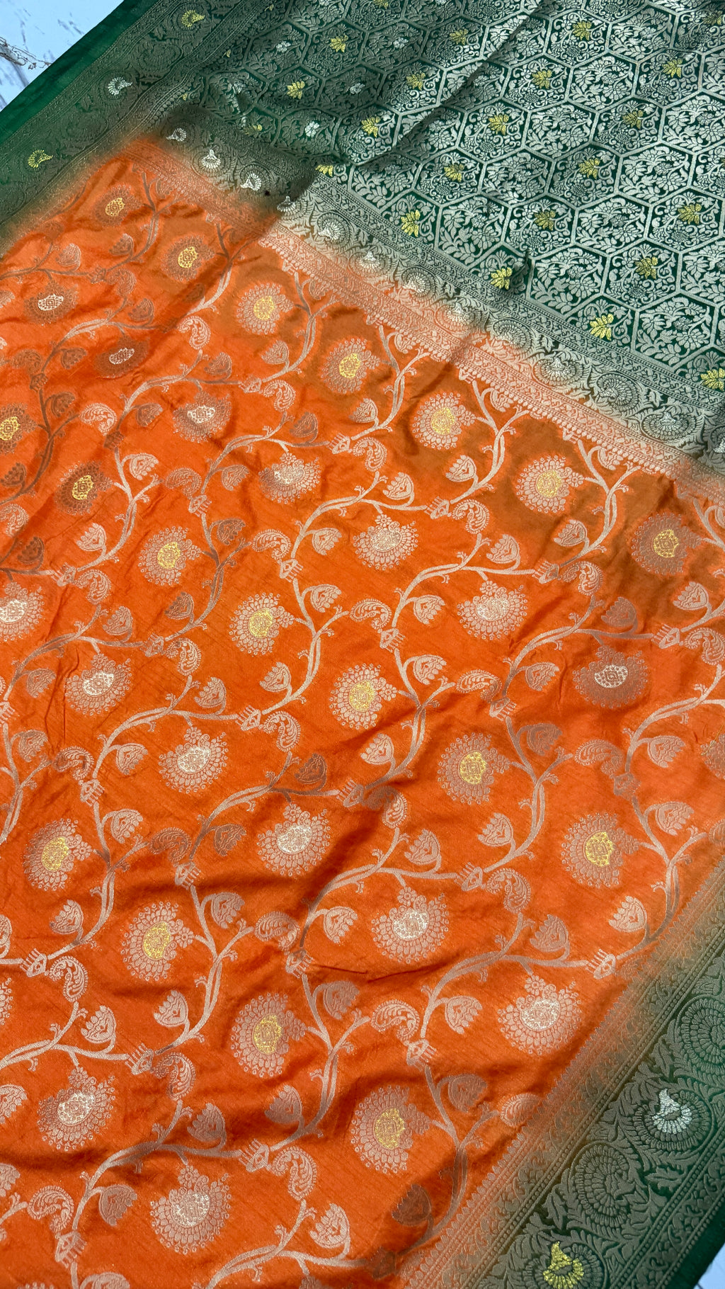 Orange Dola Silk Saree, Banarasi Zari Woven Floral Motifs, Festive Wedding Wear