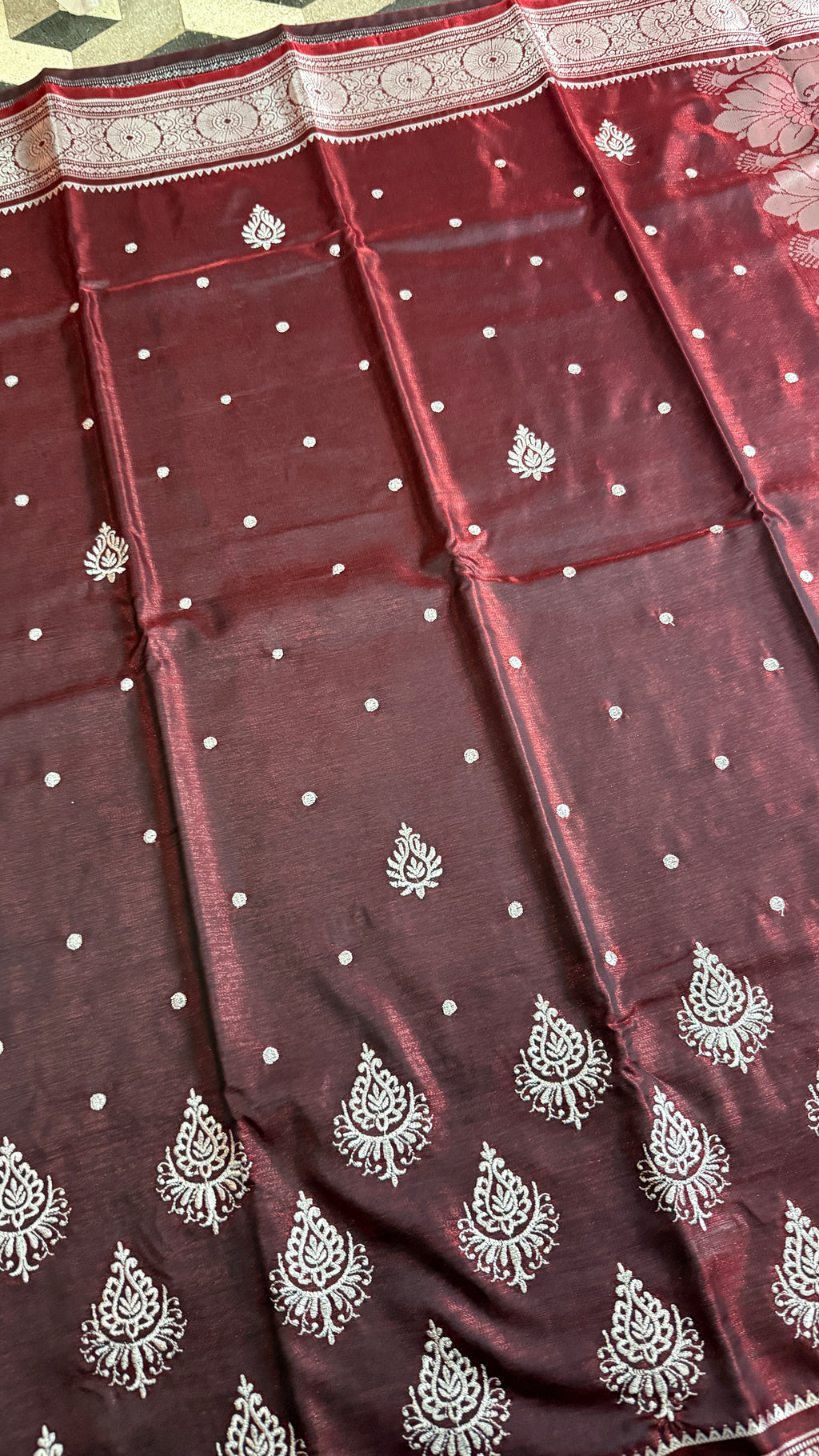 Wine Maroon Satin Silk Saree, Silver Zari Border, Floral Pallu, Festive Ethnic Wear